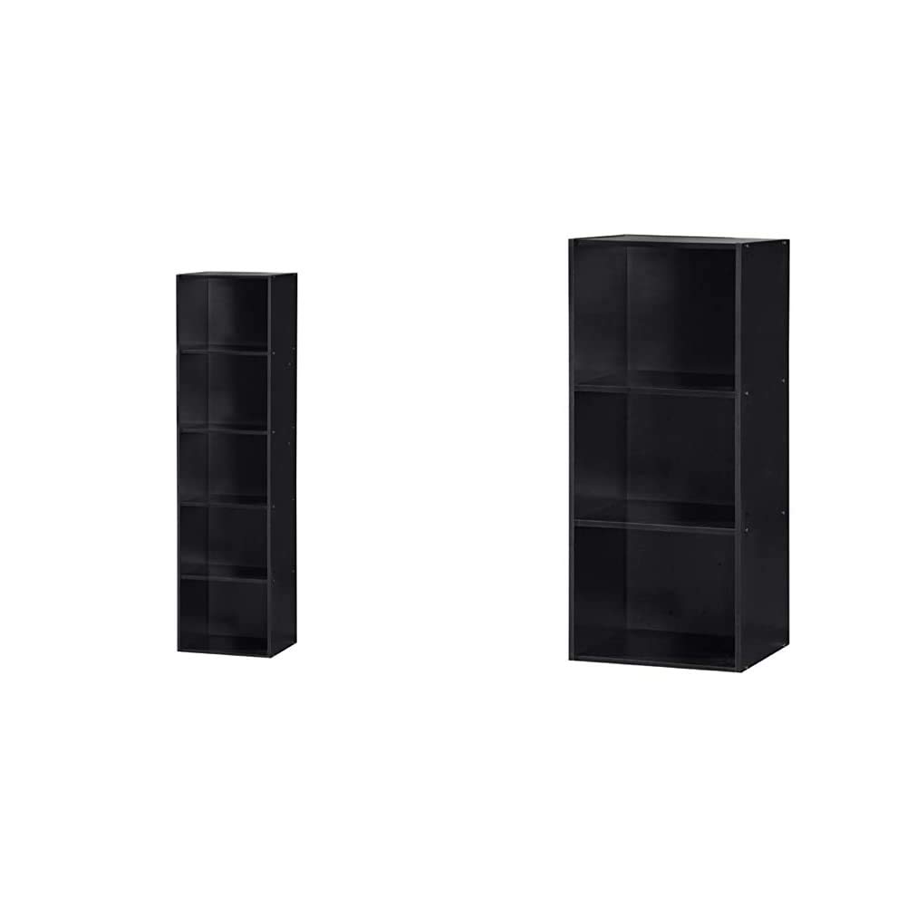 Hodedah 5-Shelf & 3-Shelf Black Bookcase - Space-Saving Storage for Home Office, Living Room & Bedroom Organization