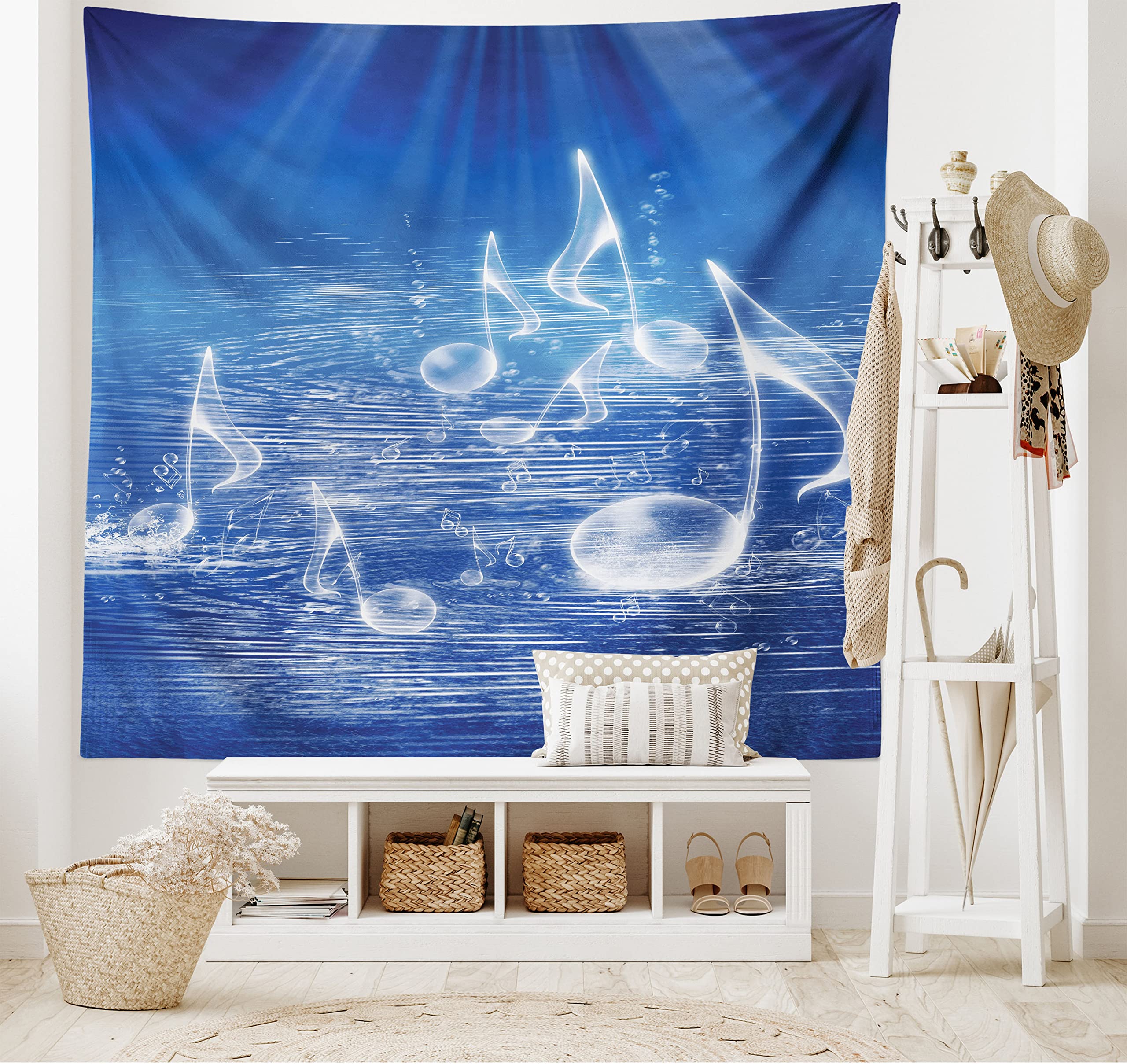 Ambesonne Music Themed Tapestry - Water Musical Notes & Dancing Waves Fantasy Design, Blue & White Fabric Wall Hanging Decor for Bedroom, Living Room, Dorm (45
