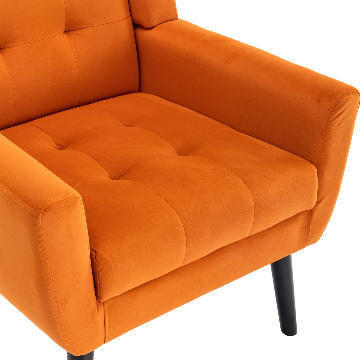 Luxury Velvet Accent Chair - Ergonomic Tufted Upholstered Armchair with Padded Cushions & Solid Wood Legs for Living Room, Bedroom - Orange Comfort Sofa for Reading Nook, Home Office, Lounge Areas