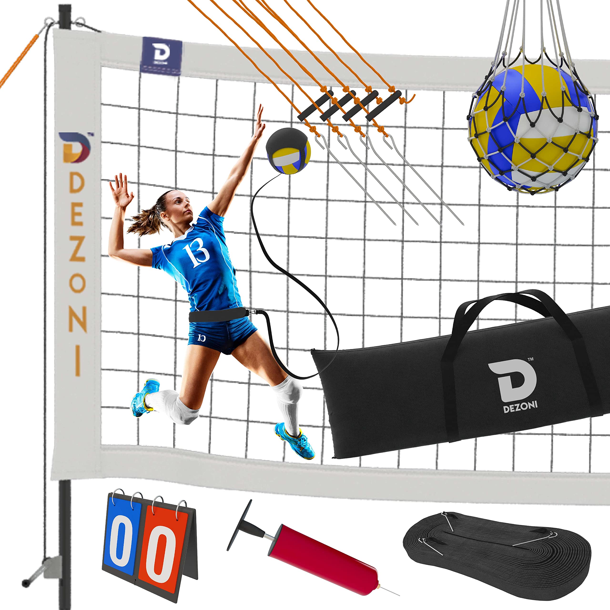 Portable Volleyball Net Set with Ball, Scoreboard, Carry Bag & Spike Trainer - Complete Outdoor Beach & Backyard Volleyball Kit for Family Fun & Sports Training