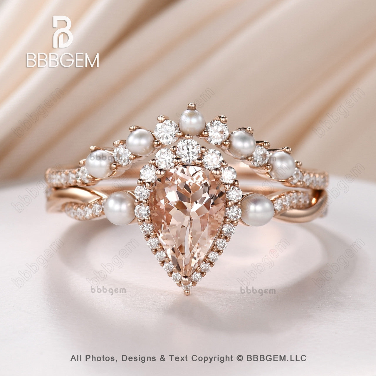 Vintage Pear Cut Natural Morganite & Pearl Three Stone Engagement Ring Set in 14k Rose Gold – Perfect for Weddings, Anniversaries, and Romantic Gifts