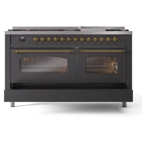 ILVE Nostalgie II 60 Inch Dual Fuel Natural Gas Range - Matte Graphite with Brass Trim (UP60FNMPMGG) | Professional Kitchen Appliance for Home Chefs & Culinary Enthusiasts