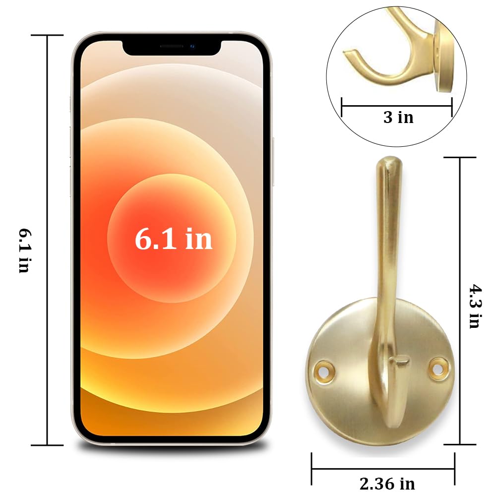 ZUONAI 12 Pack Brushed Gold Wall Hooks - Heavy Duty Metal Coat Hooks for Hanging Coats, Hats & Towels - Double Hooks for Bedroom, Bathroom & Entryway - Durable Key Hanger & Wall Mounted Organizer (Perfect for Home, Office & Dorm Decor)