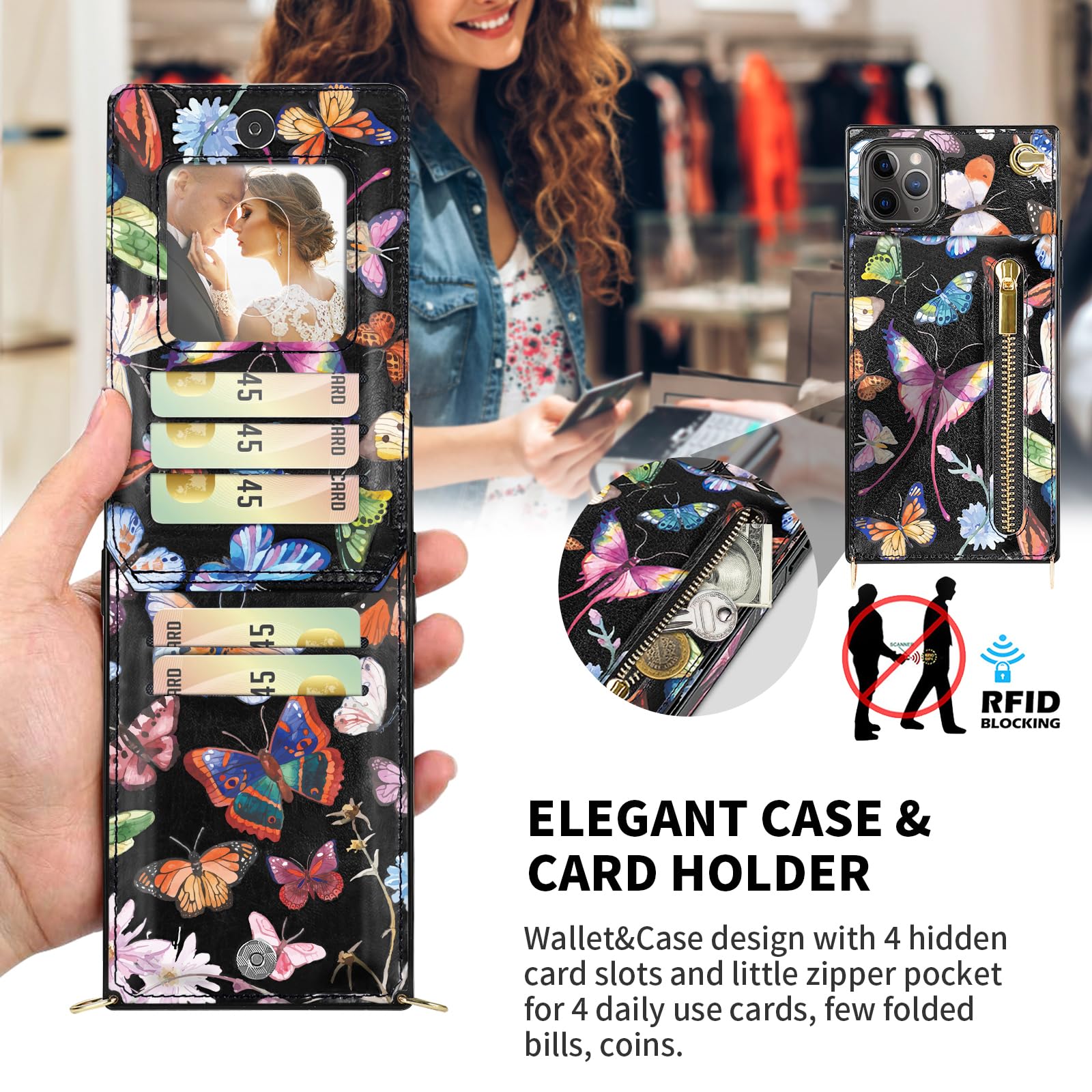 HOGGU Floral Leather Crossbody Wallet Phone Case for iPhone 11 Pro Max with Card Holder, Strap, Kickstand & Zipper Purse - Protective Women's Case Butterfly Design | Perfect for Everyday Use, Travel & Shopping