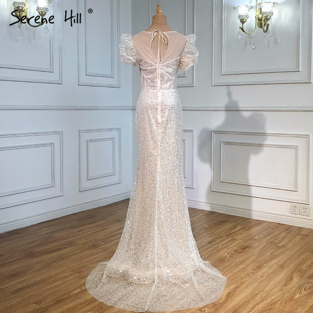 Elegant Ivory Beaded Puffy Sleeves Mermaid Evening Gown for Women - Luxury Party Dress for Prom, Wedding & Special Occasions - Serene Hill LA71300