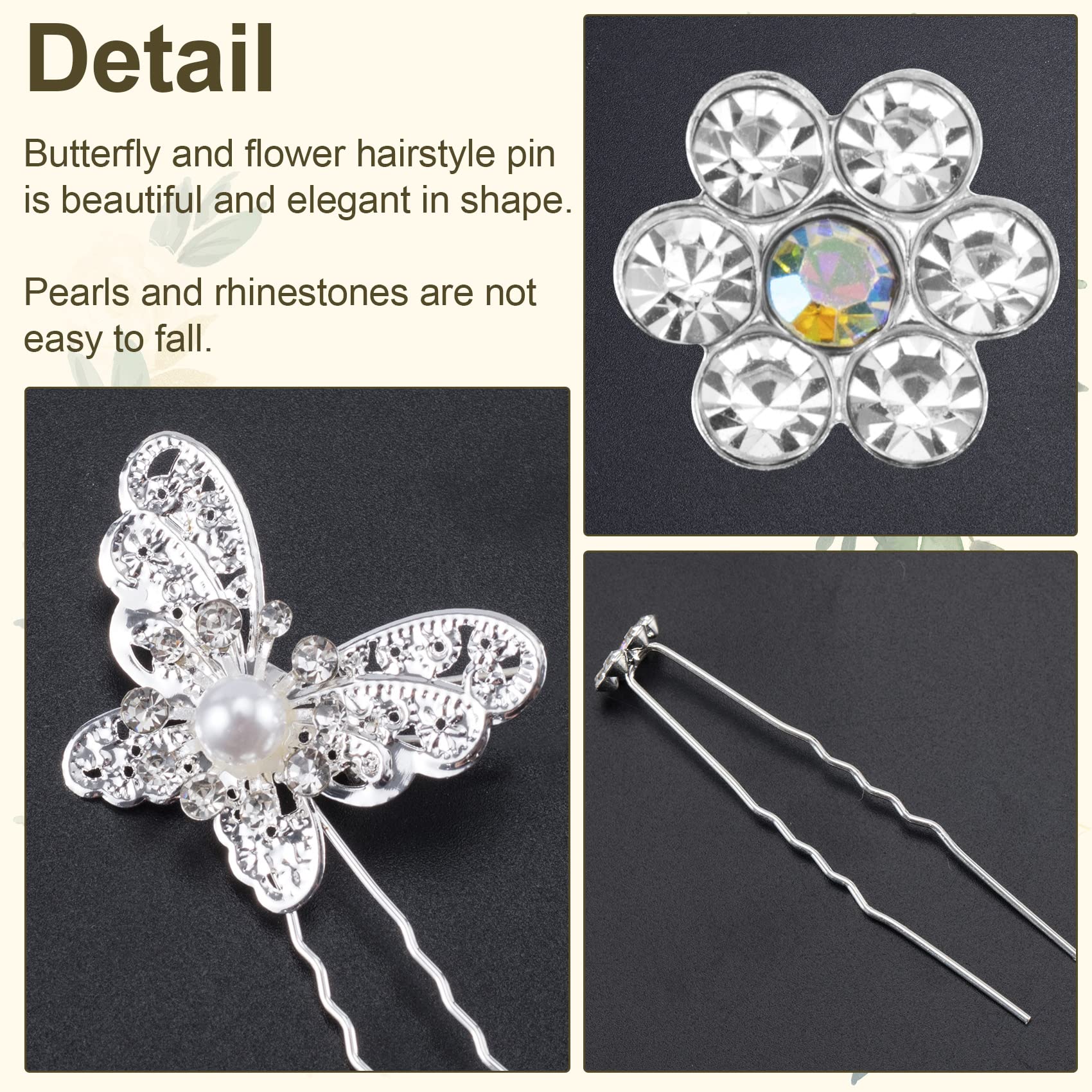 OIIKI 20 PCS Wedding Bridal Hair Pins - Pearl Butterfly U Shape Hair Clips with Rhinestones & Flowers - Elegant Hair Accessories for Women & Girls - Perfect for Weddings, Proms, Parties & Special Occasions