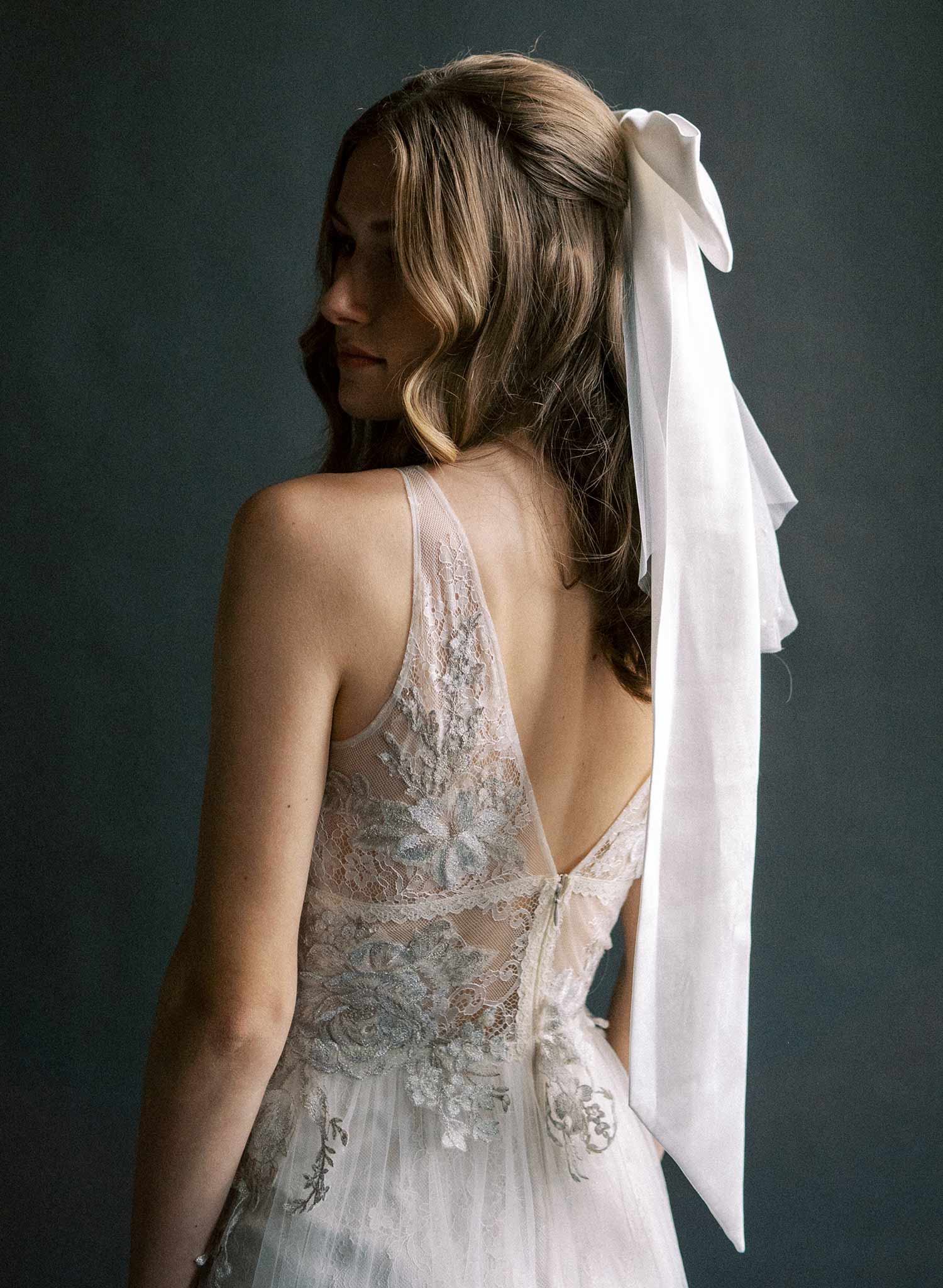 Elegant Silk Wedding Hair Bow with Long Tails & Pearl Mini Veil - Style #2575 | Perfect for Bridal Accessories, Bridesmaids & Special Occasions