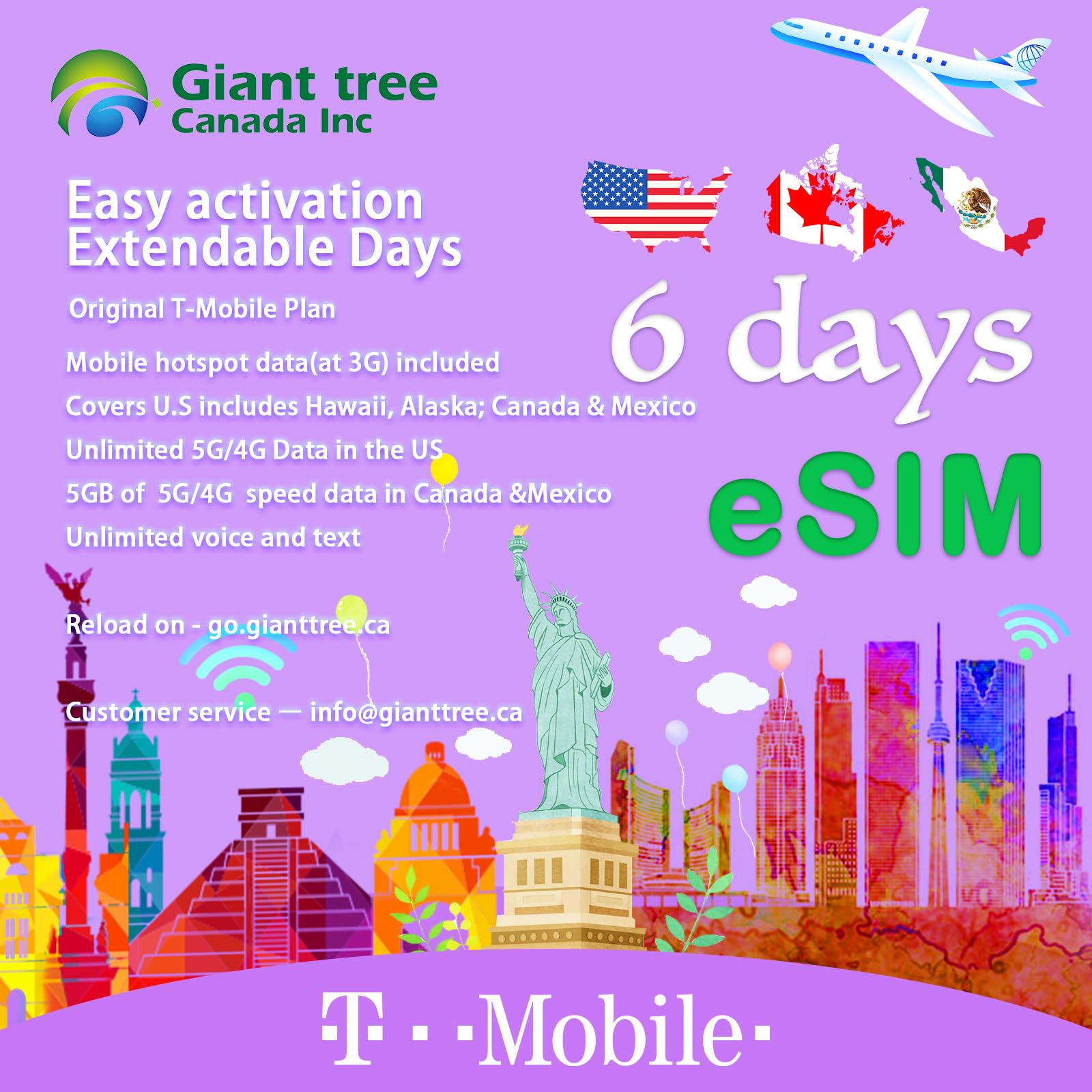 USA Canada Mexico Travel eSIM - Unlimited Data, Calls & Texts with T-Mobile Network (6 Days) | Perfect for International Travelers, Business Trips & Vacation Connectivity