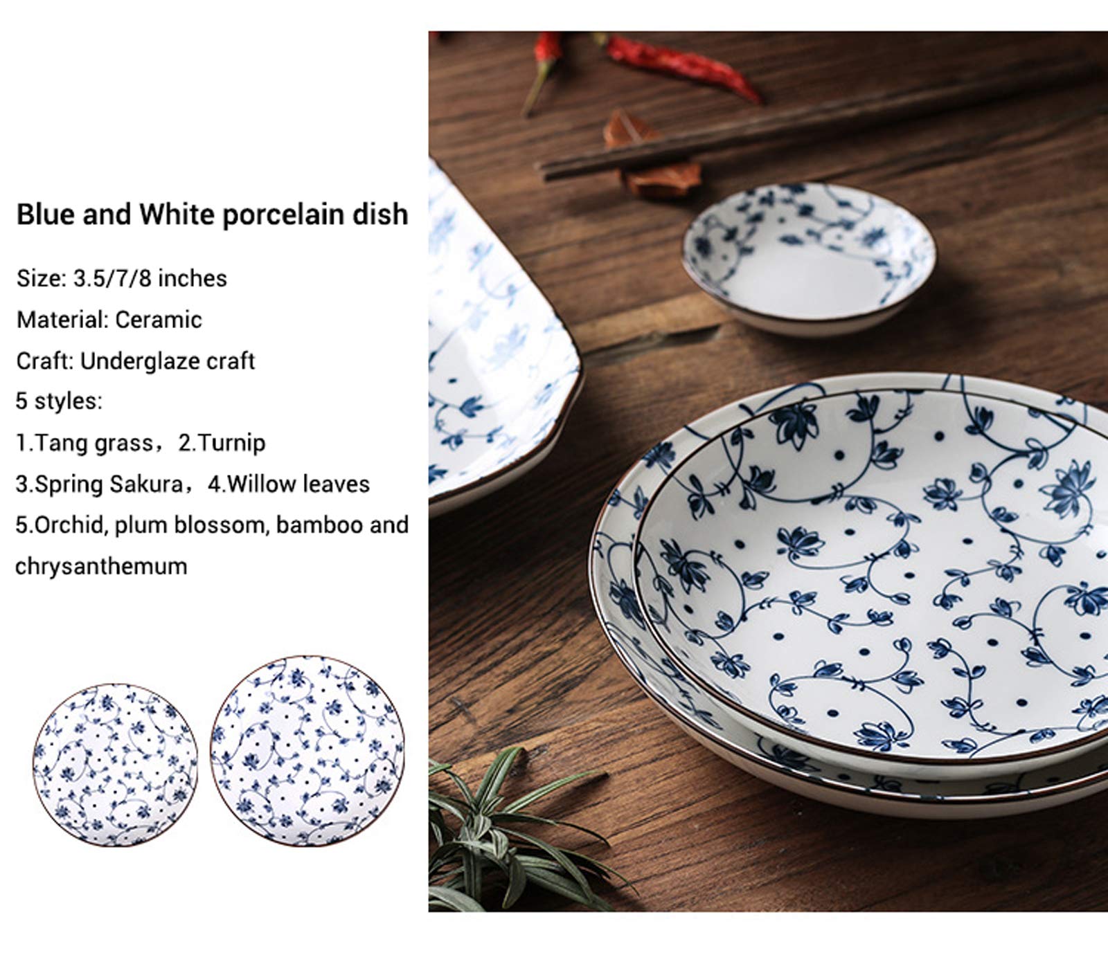 Blue and White Porcelain Appetizer Plates 4 Pack - Floral Dinner Shallow Dishes for Salad, Dessert, Snacks (3.5 inch, Willow Leaves) - Perfect for Tea Parties, Wedding Receptions & Home Decor