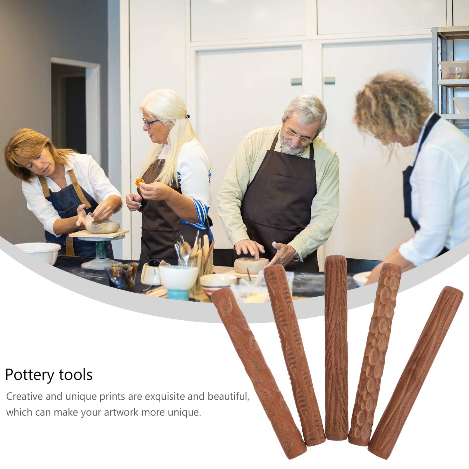 Happyyami 5-Piece Pottery Clay Rolling Tools Set with Wooden Handles & Textured Pattern Rollers - Perfect for Clay Sculpting, Ceramic Arts, and DIY Craft Projects on Clay Boards