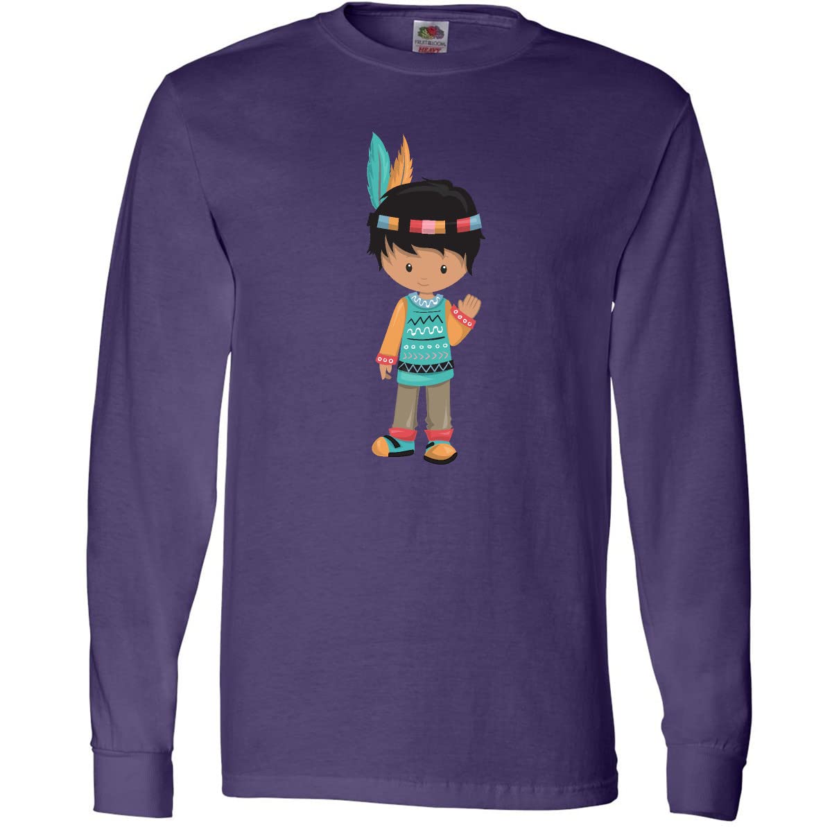 Inktastic Native American Boy Graphic Long Sleeve T-Shirt - Cute Black Haired Design for Men & Boys - Perfect for Cultural Events, Family Gatherings & Casual Wear