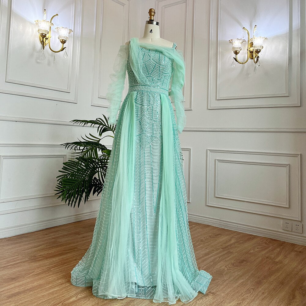 Serene Hill Muslim Mint Over Skirt A-Line Beaded Luxury Dubai Long Evening Dress Gown 2025 for Women - Elegant Wedding & Party Wear for Special Occasions