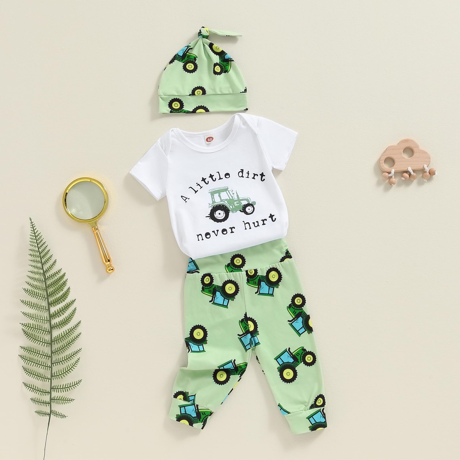 Newborn Baby Boy Tractor Outfit - 100% Cotton Farm-Themed Bodysuit with Funny Letter Print + Truck Leggings & Hat Set - Perfect for Baby Shower, Coming Home, Photo Shoots & Farm-Themed Parties