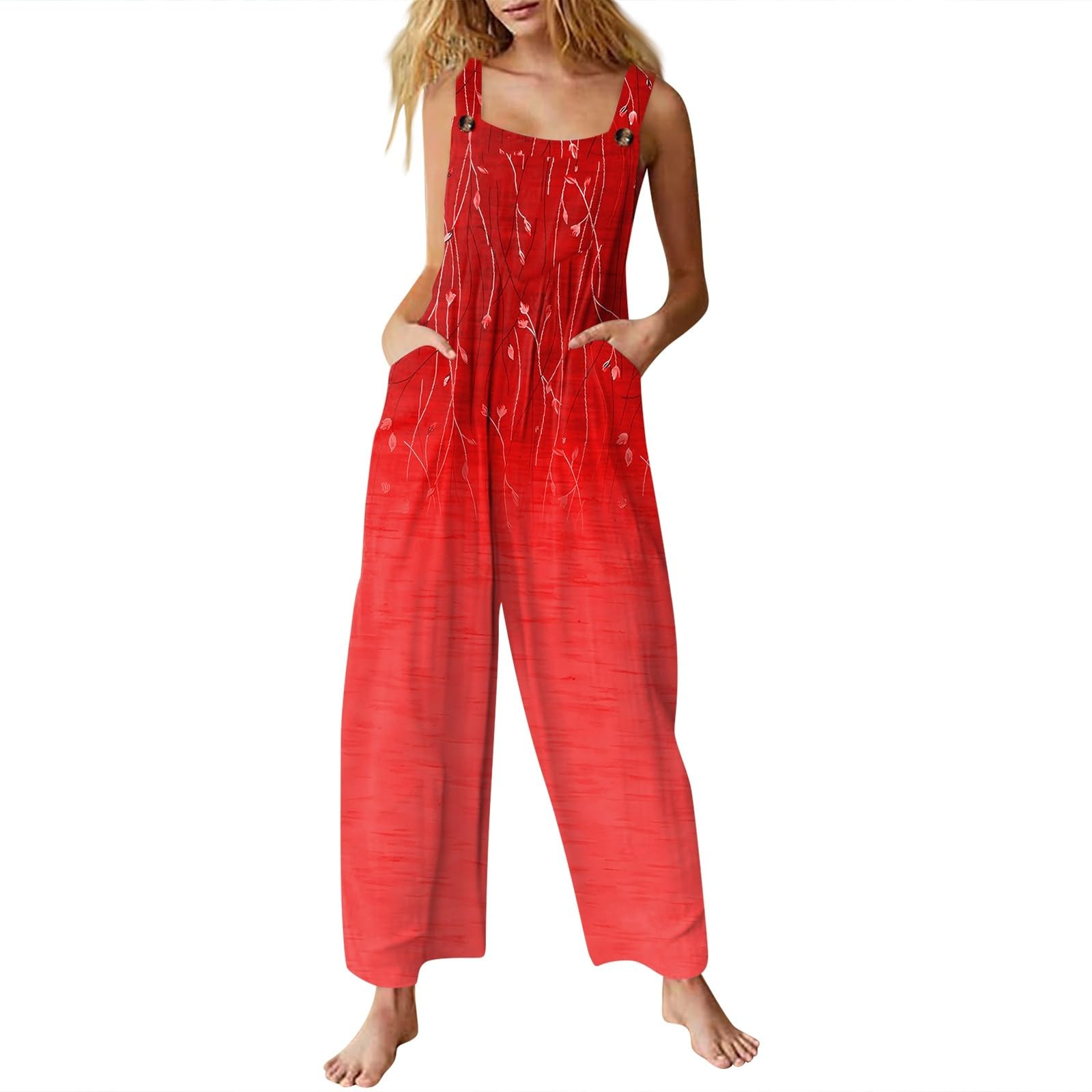 Women's Summer Sleeveless Floral Print Bohemian Jumpsuit - Loose Wide Leg Romper & Cami Overall for Beach, Vacation, and Casual Outings
