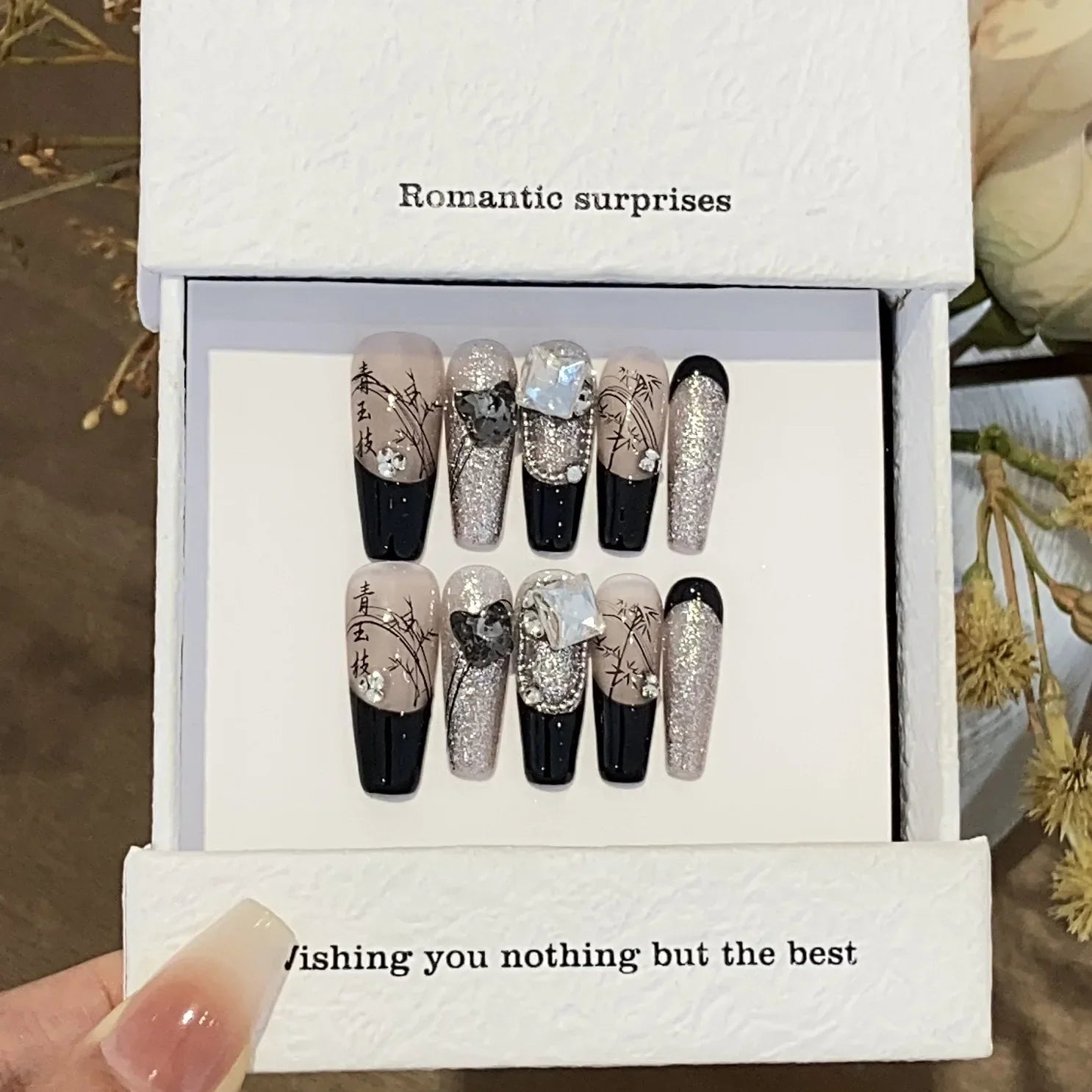 10Pcs Long Coffin Press on Nails - Handmade French Tip Acrylic False Nails with Glossy Pearl Finish for Autumn Winter | Full Cover Artificial Nails for Parties, Weddings, and Special Occasions