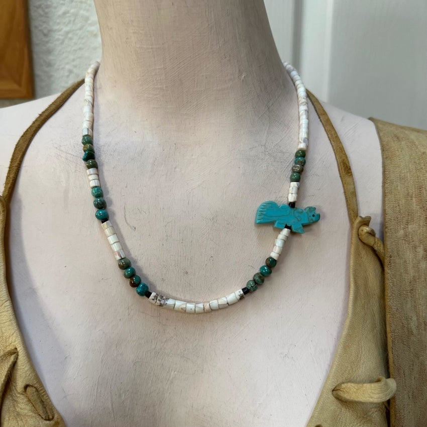 Vintage Conch Shell Heishi Bead Turquoise Necklace - Handmade Boho Jewelry for Women, Natural Stone Beaded Choker with Sterling Silver Clasp | Perfect for Beach Weddings, Music Festivals & Boho Fashion