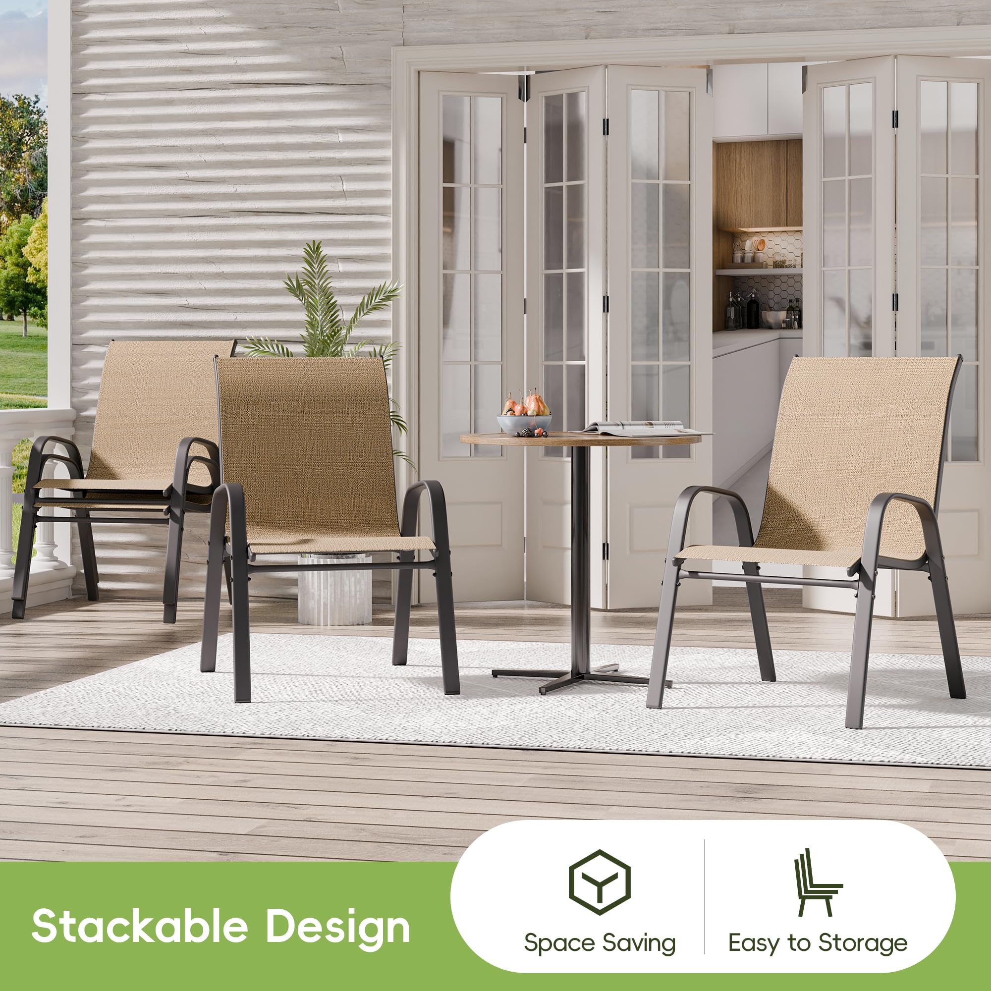 4-Piece Patio Chairs Set - Stackable All-Weather Outdoor Dining Chairs - Durable & Breathable Metal Modern Furniture for Backyard, Deck, Garden (Brown) - Perfect for Outdoor Entertaining & Relaxation