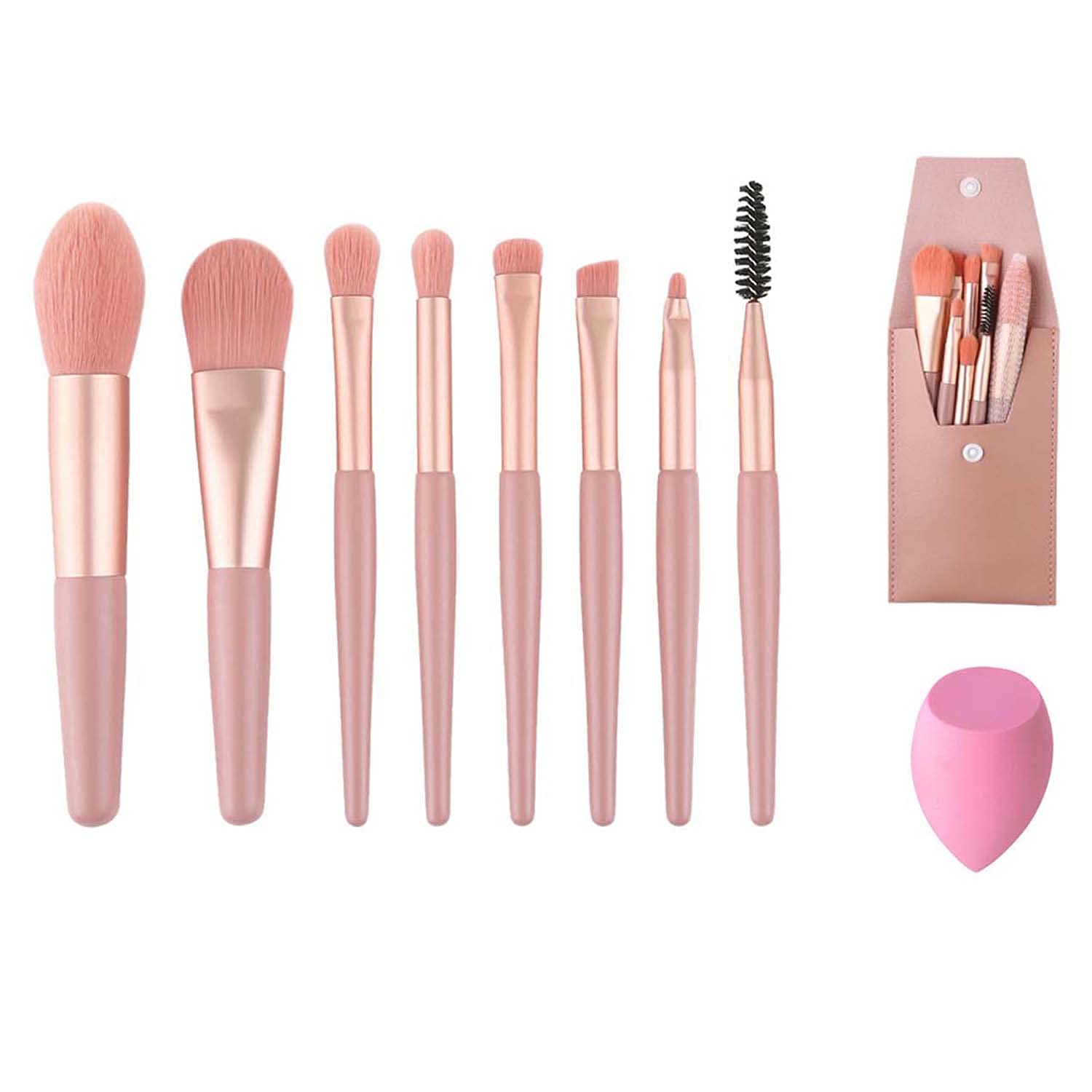8-Piece Travel Portable Mini Makeup Brush Set - Foundation, Blush, Eyeshadow, Eyeliner, Lip & Eyebrow Brushes with Makeup Sponge & Storage Pouch | Perfect for On-the-Go Makeup, Travel Essentials & Professional Cosmetic Application