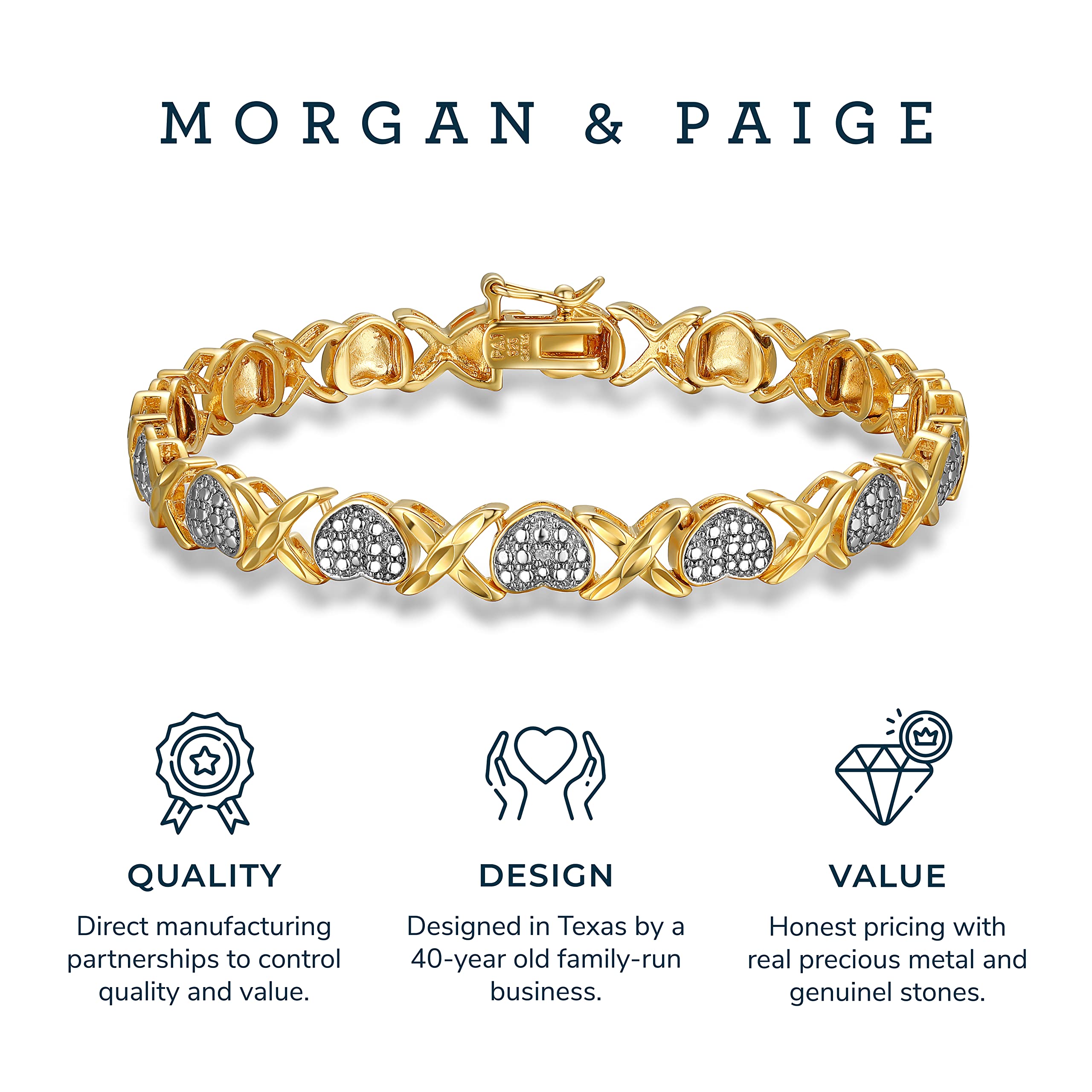 Morgan & Paige .925 Sterling Silver 18K Gold Plated Two-Tone Diamond Accent XO Heart Tennis Bracelet for Women - Elegant Hypoallergenic Jewelry for Valentine's Day, Anniversary or Romantic Gift