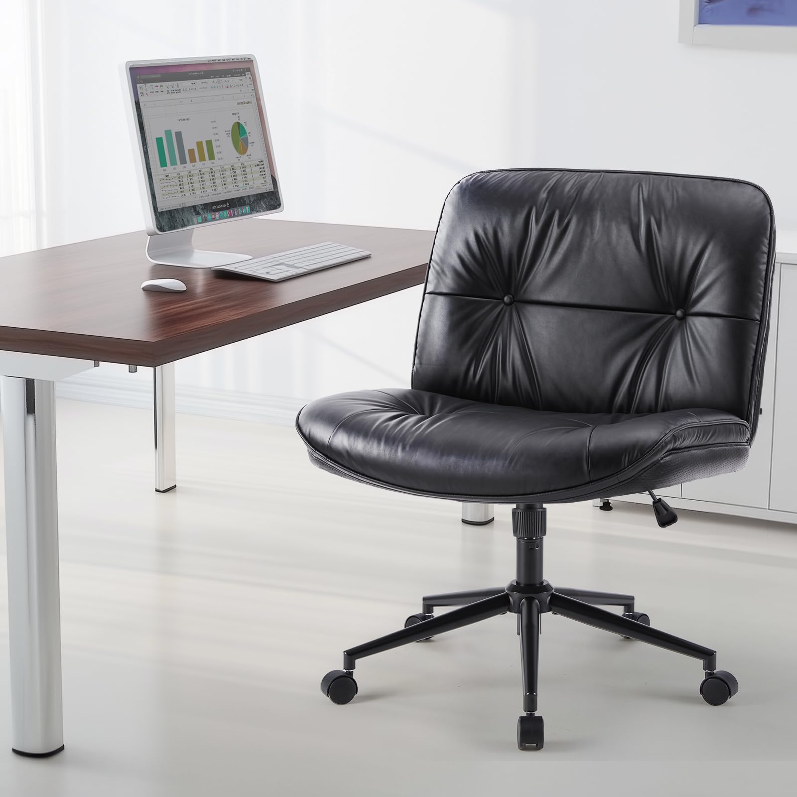 OLIXIS Ergonomic Swivel Office Chair with Wheels - Adjustable PU Leather Armless Desk Chair for Home Office, Rolling Vanity Seat - Perfect for Work, Study, and Makeup Stations