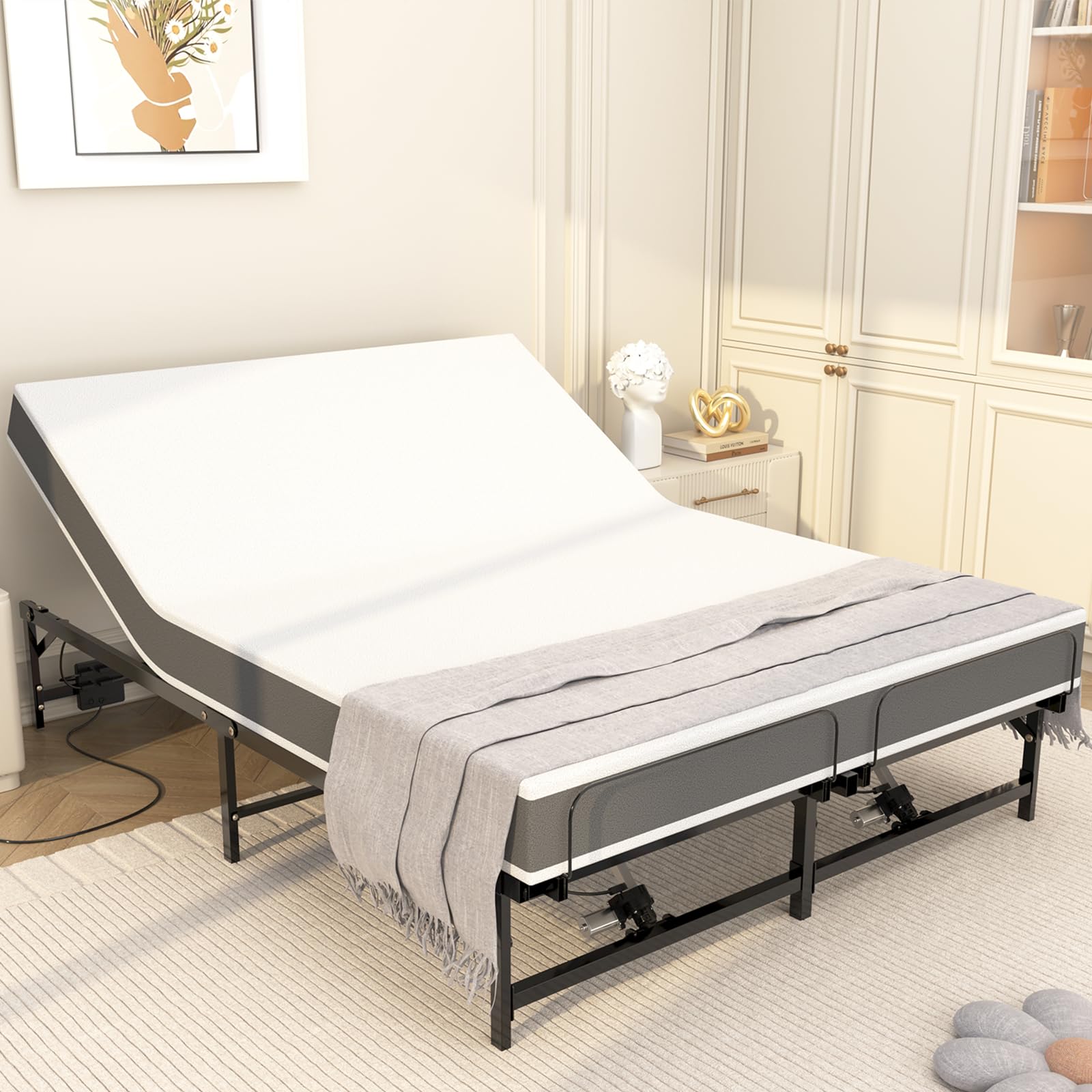 Queen Size Adjustable Bed Frame with Remote Control - 4 Quiet Motors for Head & Leg Adjustment, Reduces Snoring & Pain Relief - Perfect for Home, Hospital & Recovery Use