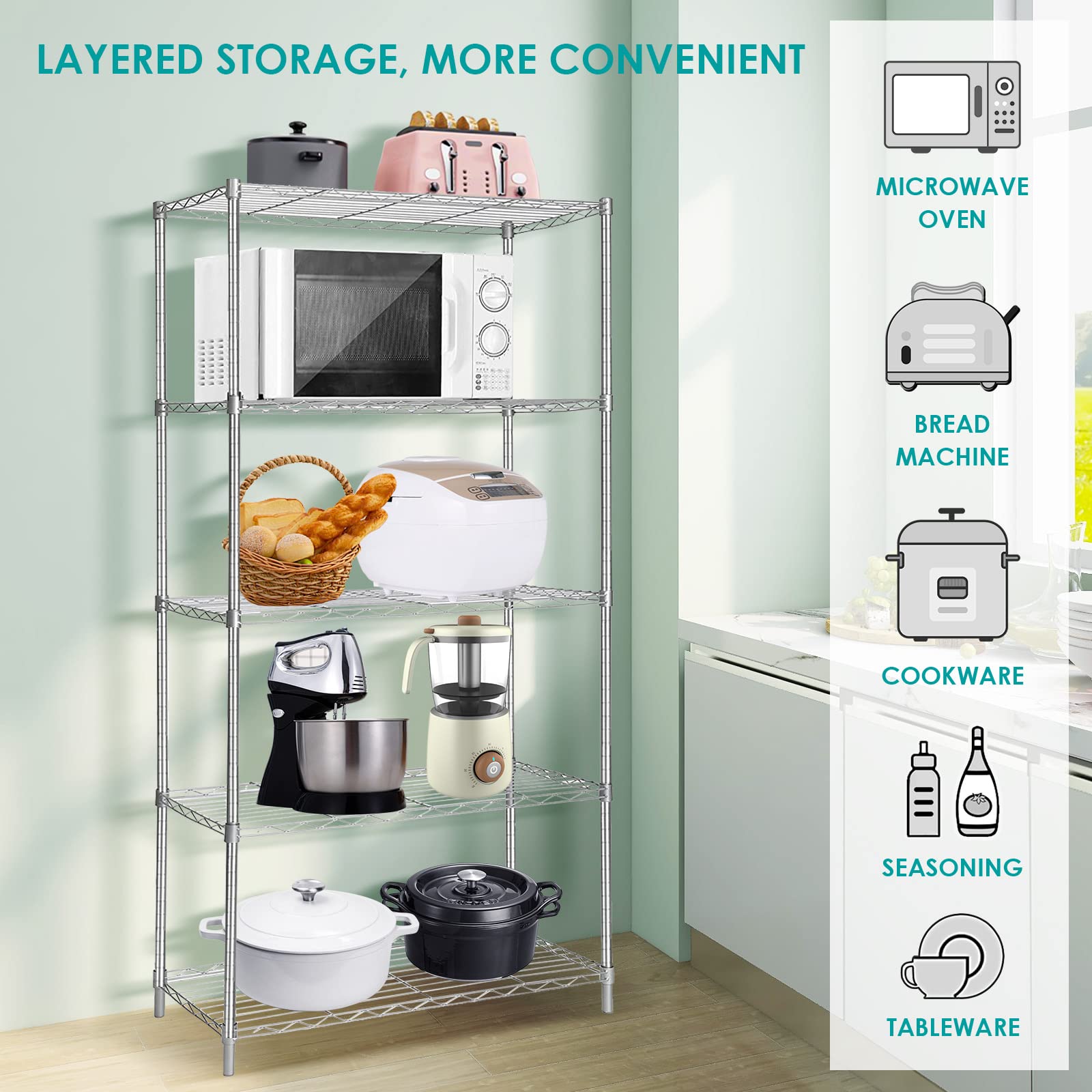 BNSPLY 5-Tier Adjustable Wire Shelving Unit - 13.5