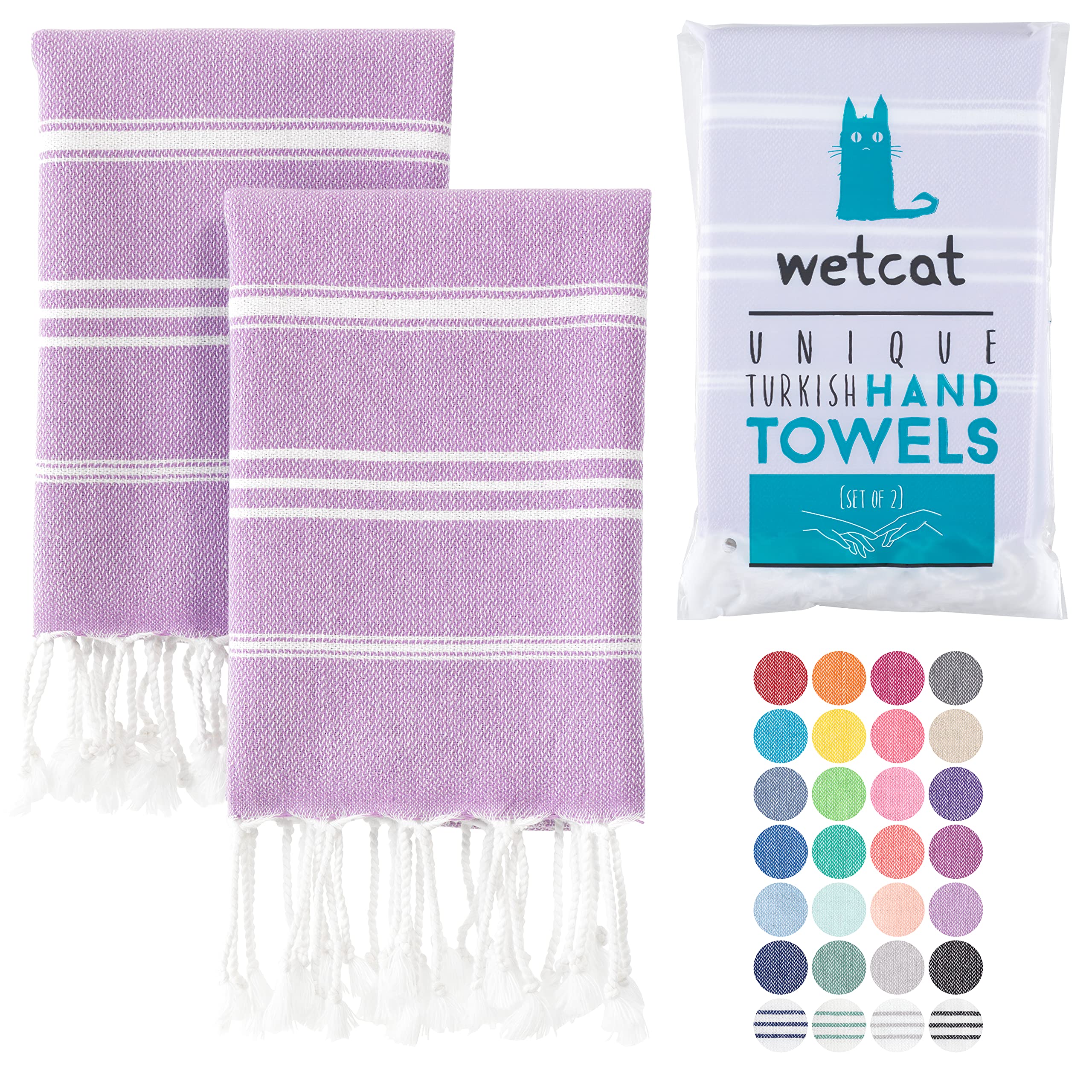 Premium WETCAT Turkish Hand Towels Set of 2 - 100% Cotton, Quick Drying, Pre-Washed (20