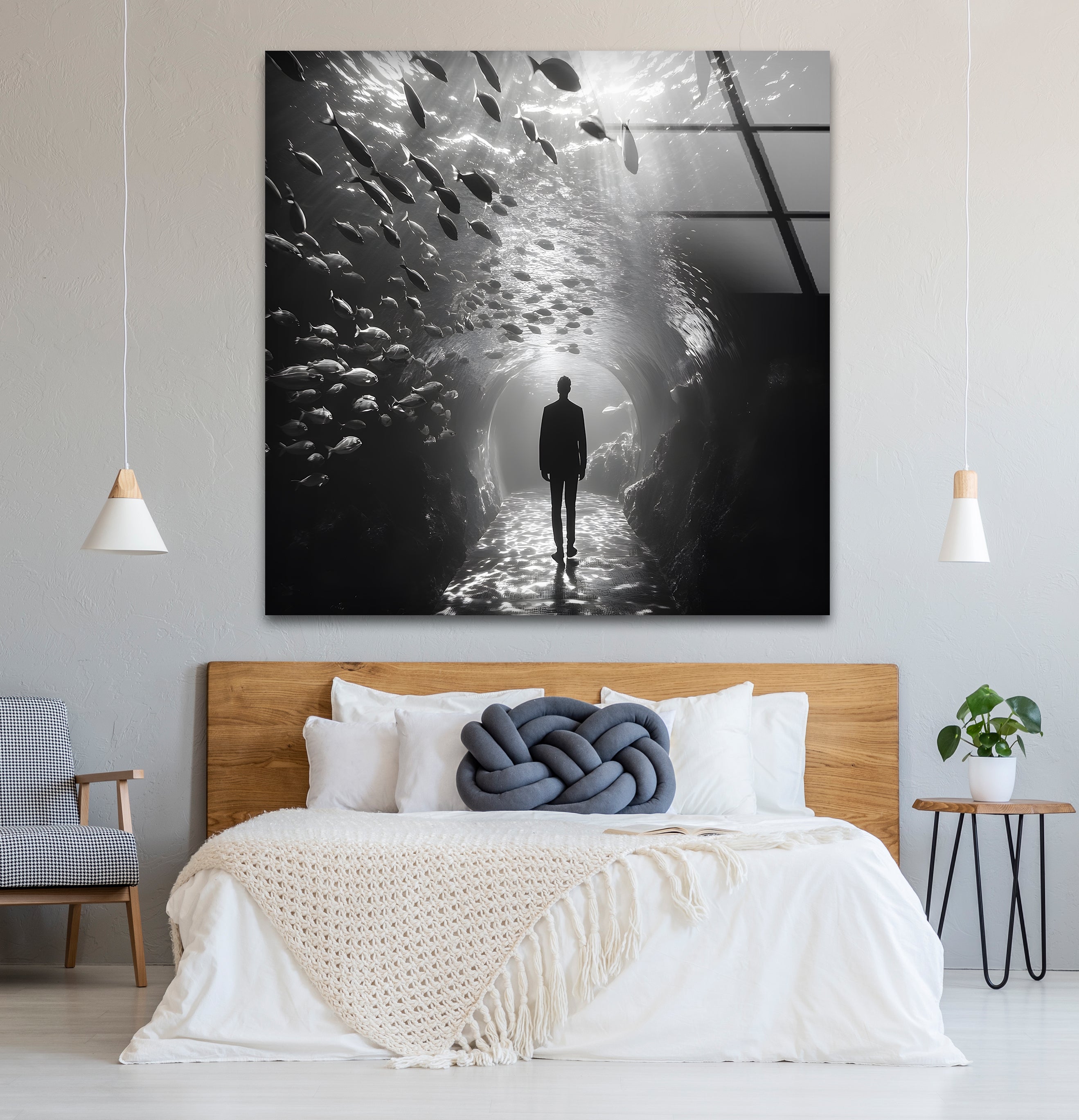 Black and White Aquarium Glass Wall Art - Modern Underwater Theme Decor for Living Room, Office & Bedroom