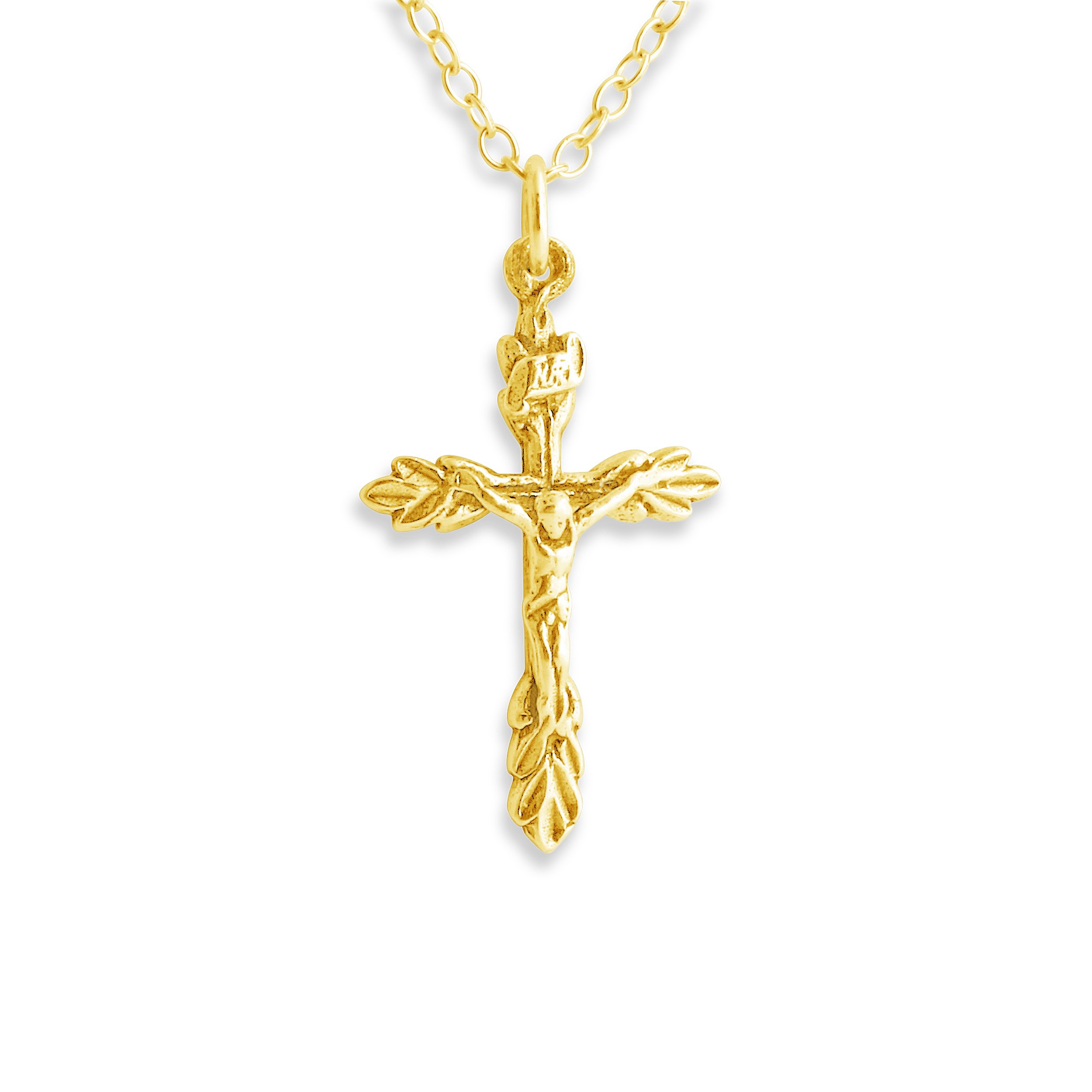Azaggi 14K Gold Plated Sterling Silver Handcrafted Religious Crucifix Pendant Necklace with Leaf Design - Perfect for Church, Baptism, Confirmation & Spiritual Gifts