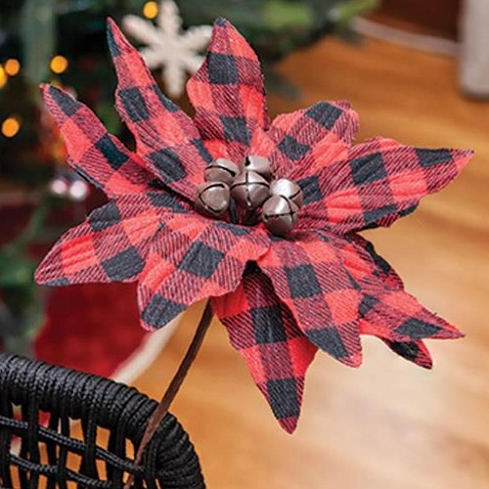 Buffalo Check Jingle Bell Poinsettia Christmas Stem - 9.5 Inch Festive Holiday Decor for Wreaths, Garlands & Centerpieces