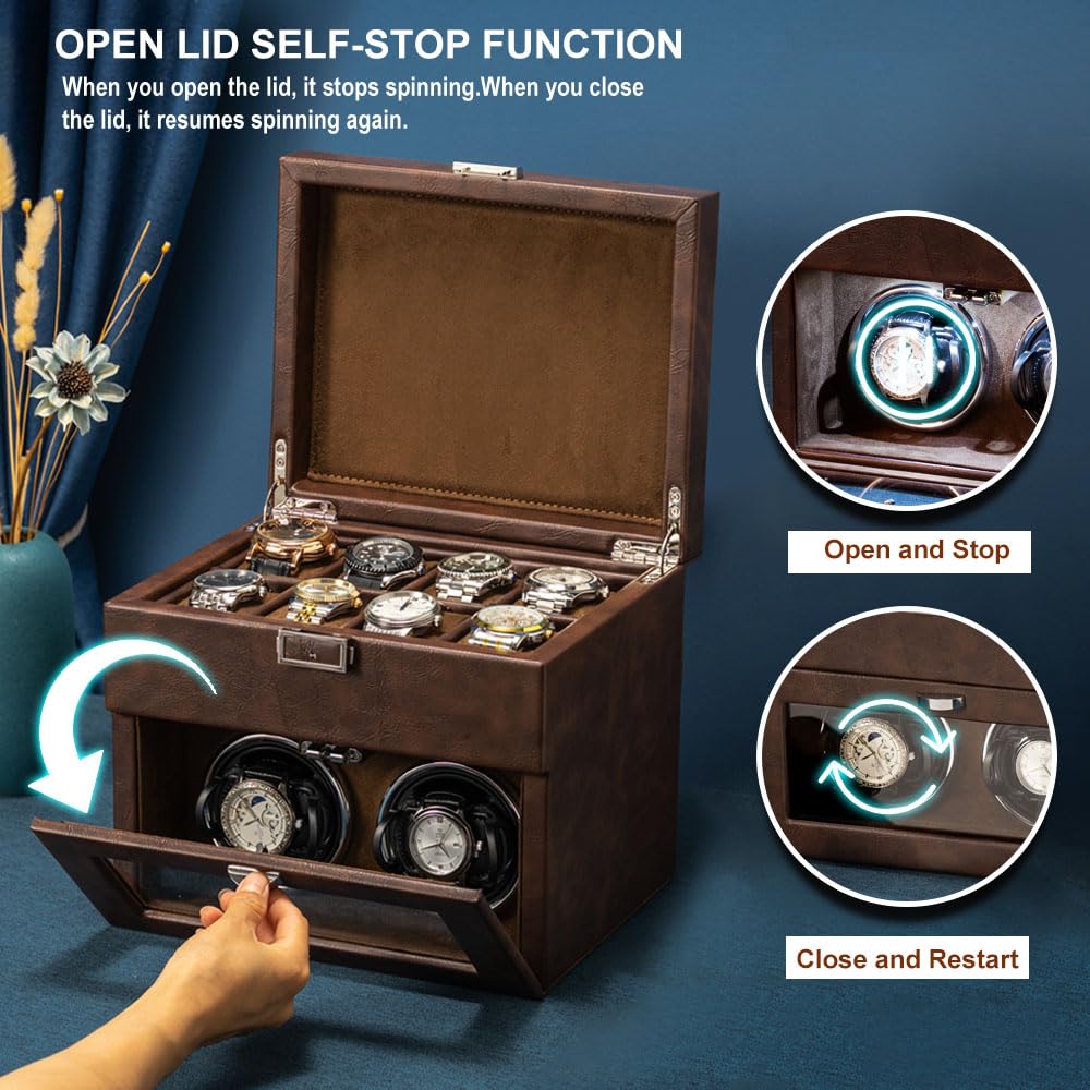 Premium Automatic Double Watch Winder with 8-Slot Storage Display Box - Japanese Quiet Motor, LED Light & Adjustable Watch Pillows - Perfect for Watch Collectors & Luxury Timepiece Storage (AC Adapter Included) - Ideal for Home, Office or Travel Use