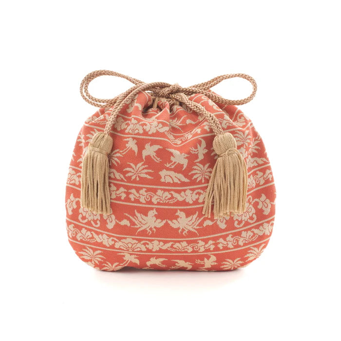 Nishijin Ori Small Drawstring Bag - Bird & Rose Design | Authentic Japanese Traditional Craft Purse Made in Kyoto | Perfect for Gift, Cosmetics & Jewelry Storage