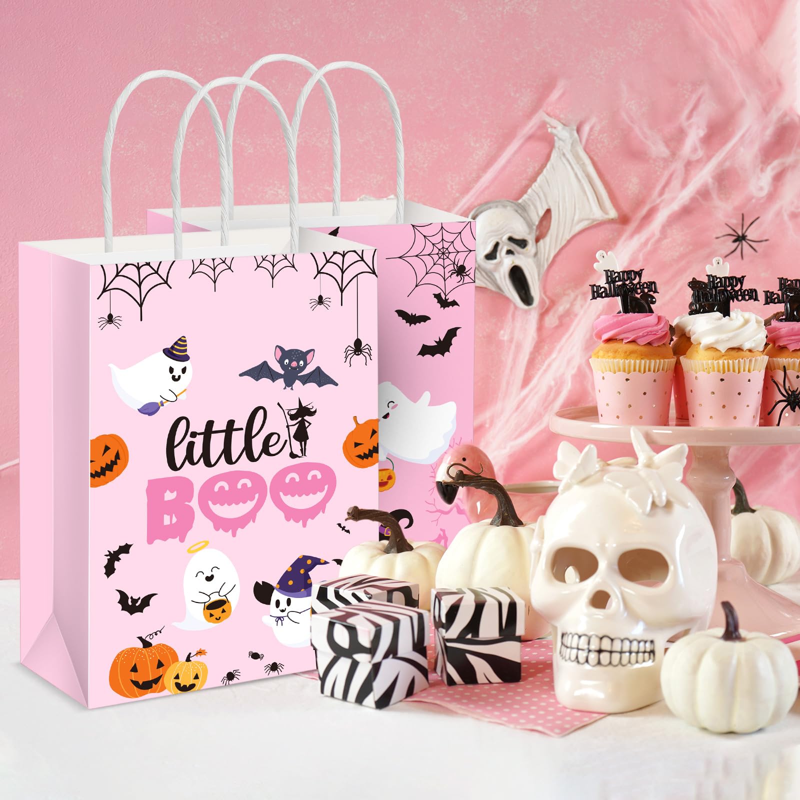 Kolldenn 12-Piece Pink Halloween Treat Bags with Handles - Little Boo Gift Bags for Halloween Candy & Party Favors | Perfect for Trick-or-Treat, Classroom Treats & Spooky Party Decorations