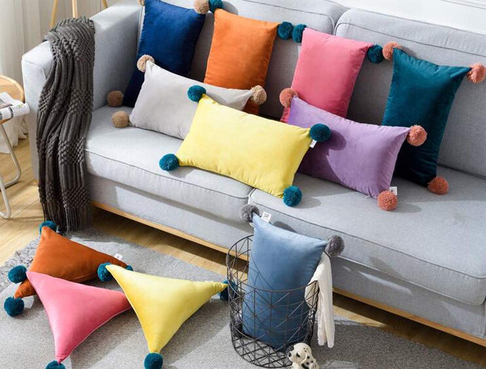 Decorative Pom-Pom Waist Lumbar Throw Pillow for Couch & Bed - Square/Rectangle/Triangle Shapes with Insert - Yellow (12x20 inch) - Perfect for Sofa, Living Room & Bedroom Decor