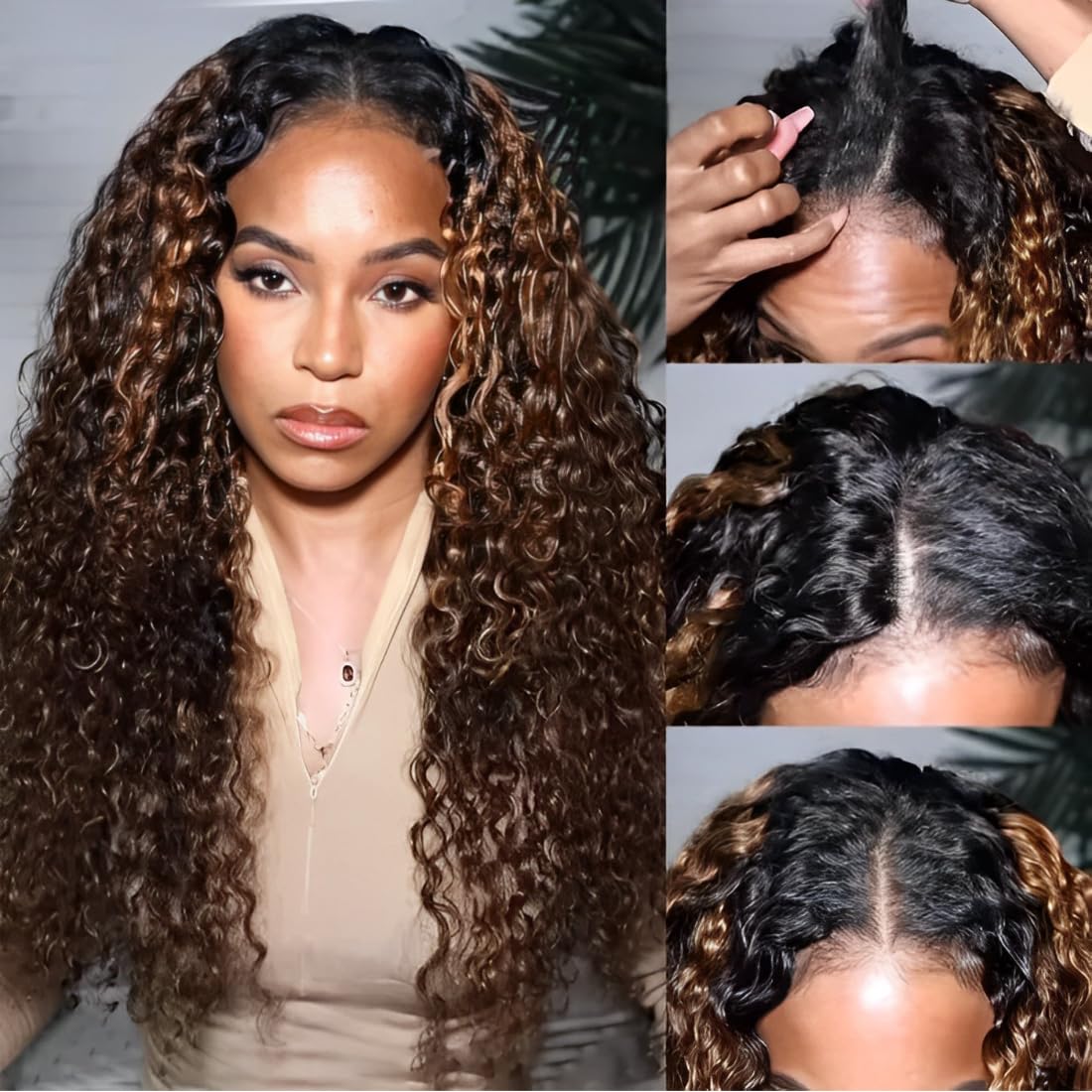 UNICE 18 Inch Human Hair V Part Wig - Balayage Brown Highlight Clip-in No Glue Wig for Beginners | Easy Wear & No Leave Out | Perfect for Daily Use, Parties & Special Occasions
