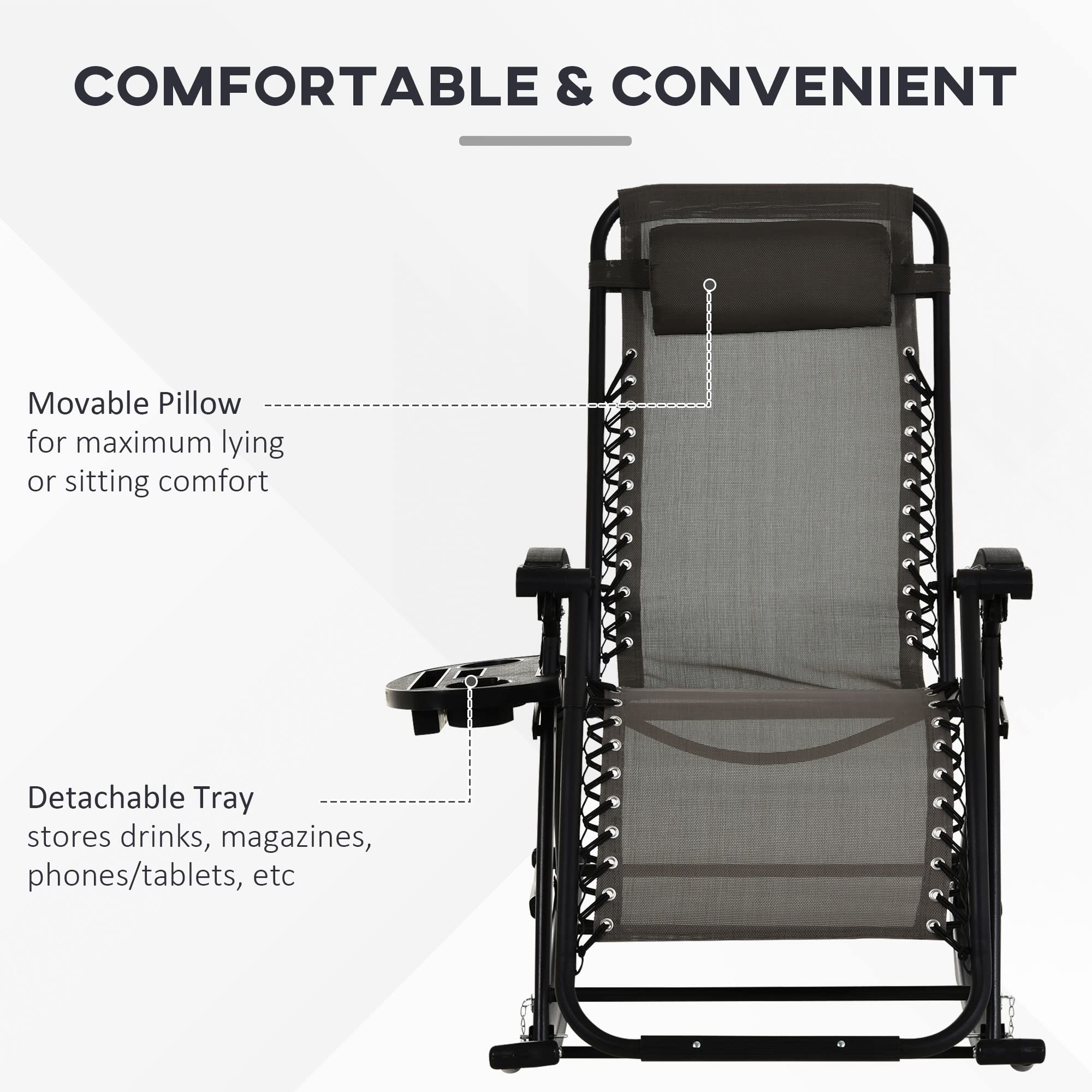 Outsunny Foldable Zero Gravity Lounge Rocker - Outdoor Reclining Rocking Chair with Pillow, Cup Holder & Phone Pocket - Portable Patio Furniture for Backyard, Poolside & Beach Relaxation (Gray)