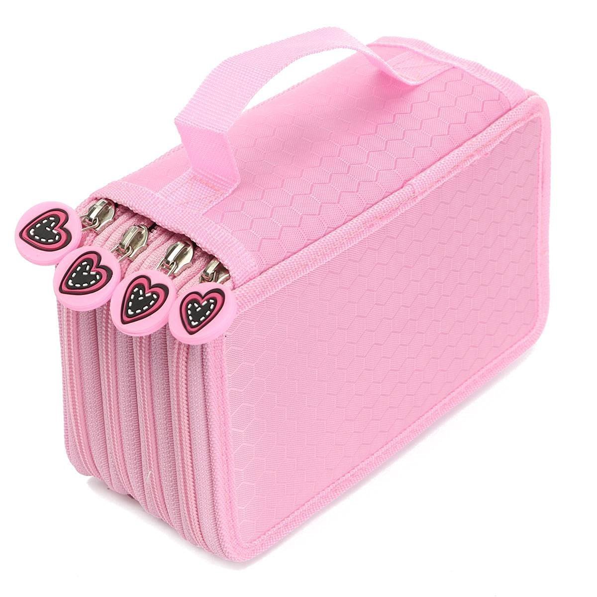 72-Slot 4-Layer Large Capacity Oxford Pencil Case for Coloring, Sketching & Drawing - Pencil Organizer Holder for Artists, Students & Makeup - Pink Zippered Pouch for School, Office & Travel