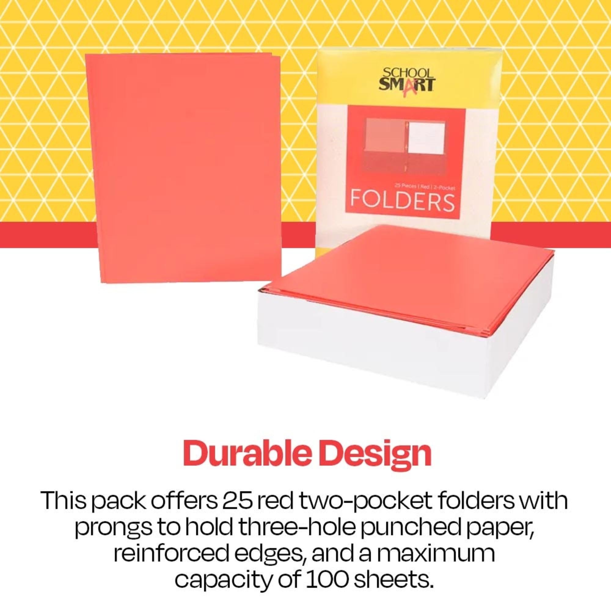 School Smart 2-Pocket Folders with Fasteners - Red, Pack of 25 | Durable Plastic Folders for Classroom Organization, Homework & Document Storage | Perfect for Students, Teachers & Office Use