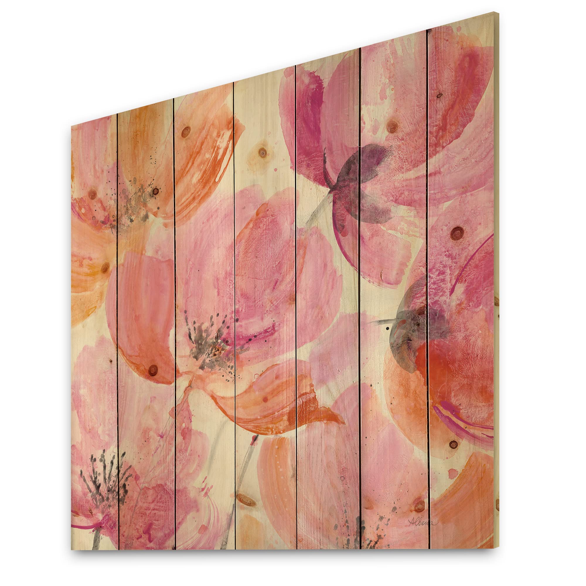 DesignQ Shabby Flower III Shabby Chic Wood Wall Decor - Pink Floral Wood Wall Art for Home & Office - Large Printed Pine Wood Wall Panels - Perfect for Living Room, Bedroom & Farmhouse Decor