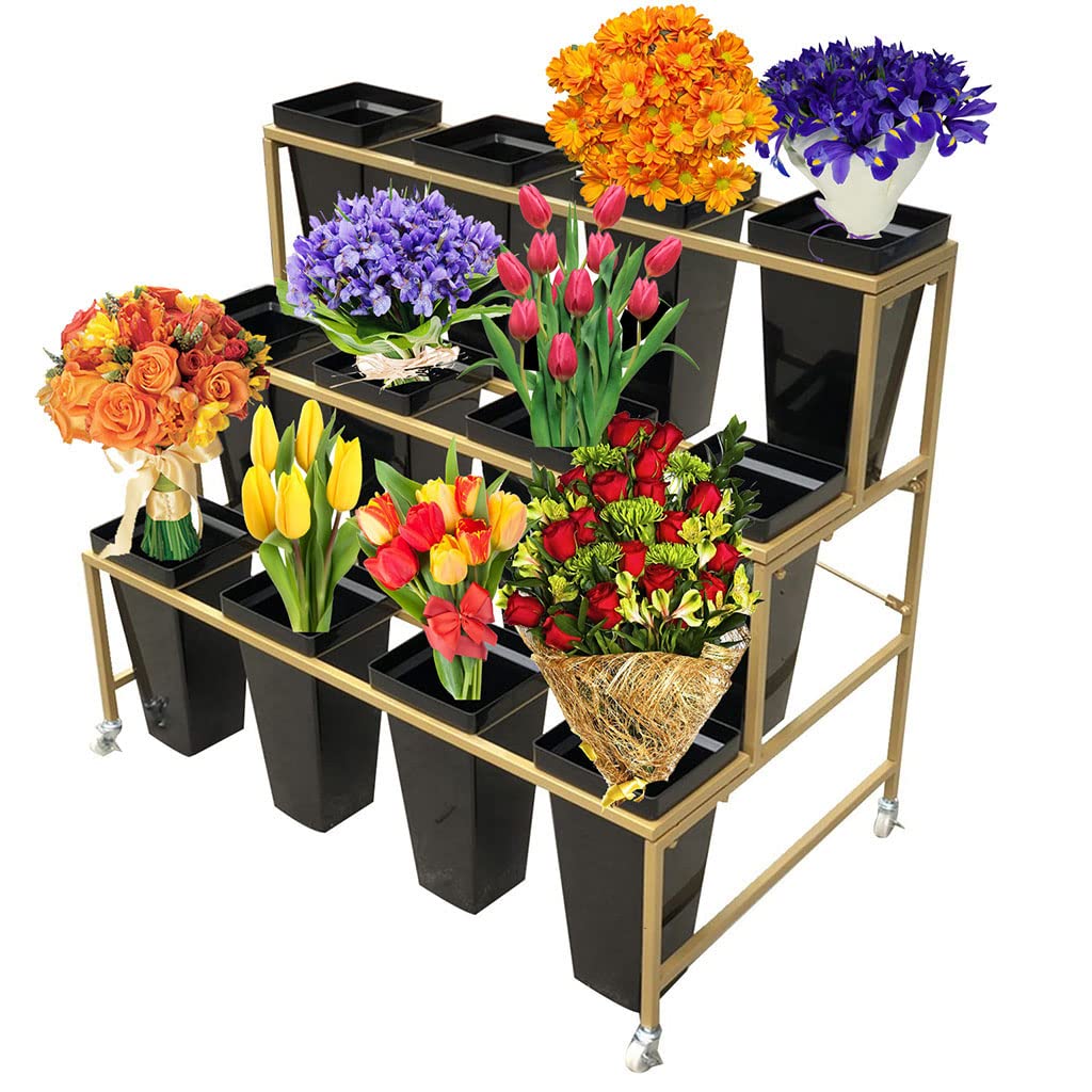 Heavy Duty 3-Tier Flower Display Stand with 12 Buckets & Wheels - 33 Inch Tall Rolling Plant Cart for Florists, Garden, Patio Decor - Gold Shelf with Black Buckets (Ideal for Wedding, Event & Retail Displays)