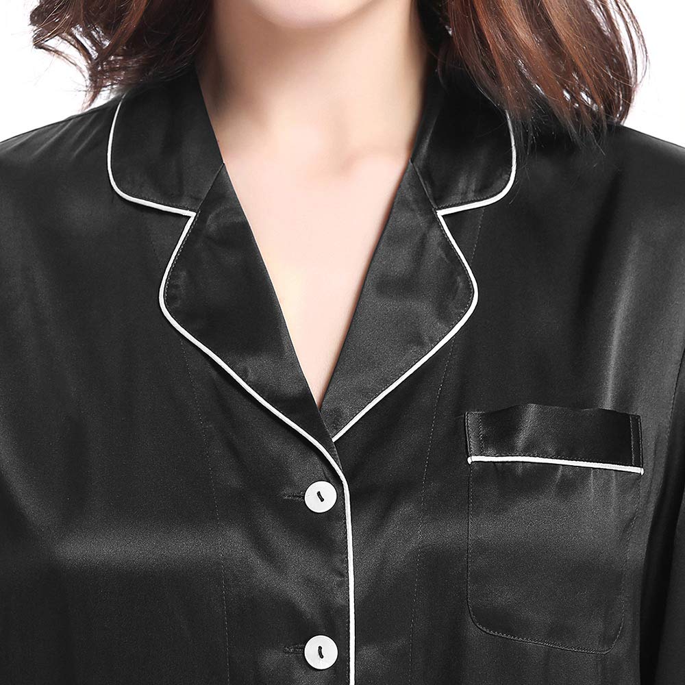Luxury Women's Long Silk Pajamas Set - V Neck Notched Collar with White Trim - Soft 100% Mulberry Silk Sleepwear for Women - Perfect for Relaxing at Home, Spa Days & Gift Giving