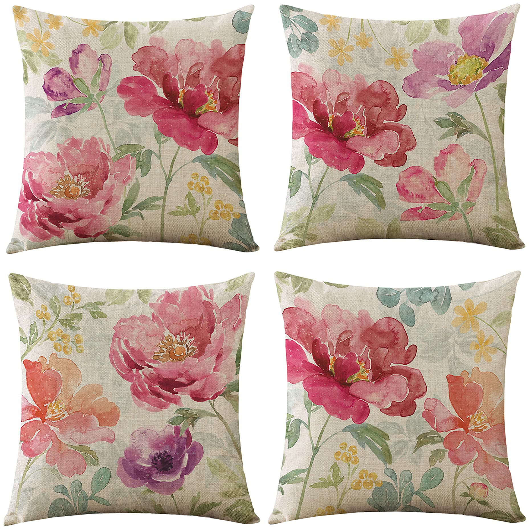 WOMHOPE Decorative Throw Pillow Covers 18x18 Inch Set of 4 - Spring Floral Bird Butterfly Design Burlap Cushion Cases for Sofa, Living Room & Bedroom Decor (Watercolor Flower Pattern) - Perfect for Home Styling, Seasonal Decor & Cozy Interior Design