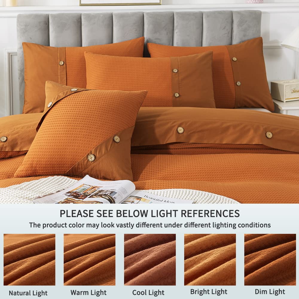 FADFAY Queen Size Burnt Orange Duvet Cover Set - 100% Cotton Waffle Weave Reversible Comforter Cover with Zipper Closure | Luxury Textured Terracotta Bedding | Soft, Breathable 3-Piece Set for All Seasons | Perfect for Master Bedroom, Guest Room & Cozy Home Decor