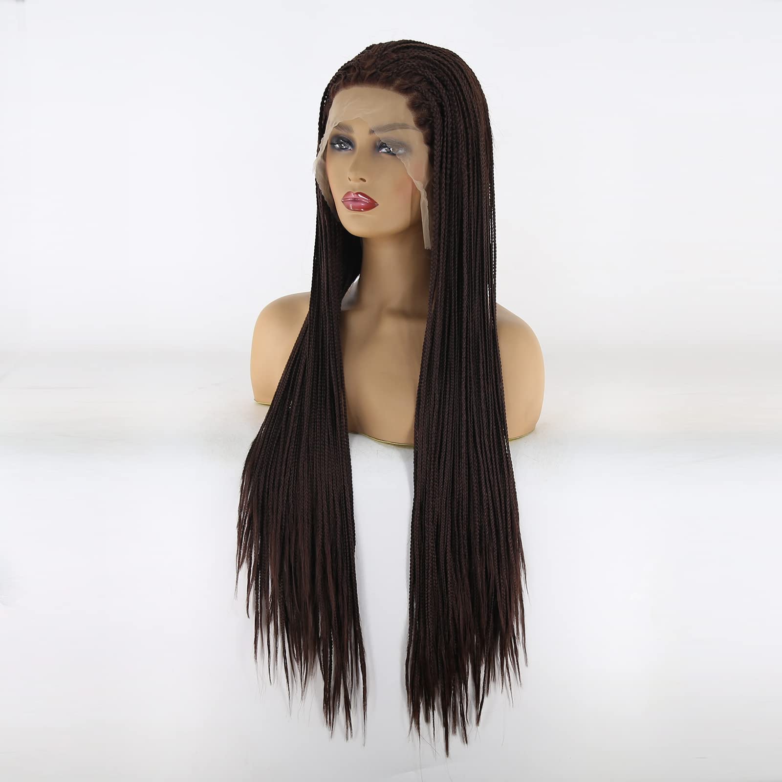 BTWTRY Dark Brown Micro Braided Synthetic Lace Front Wig - Heat Resistant Fiber #6 Color Box Braids for Black Women & African American Hair - 24 Inch Braided Wig for Daily Wear, Parties & Protective Styling