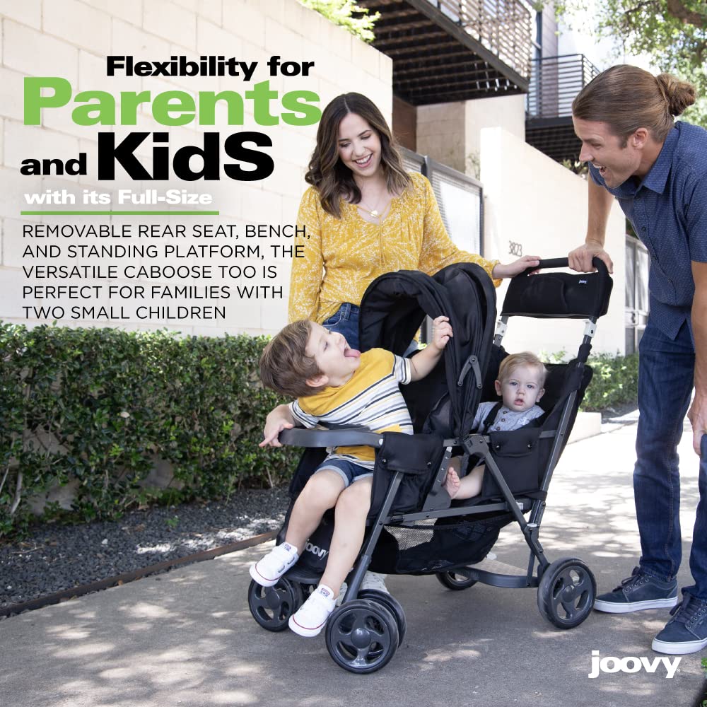 Joovy Caboose Too Sit and Stand Double Stroller with Universal Car Seat Adapter - 3-Way Reclining Seats, Rear Seat/Bench Seat/Standing Platform Options - Perfect for Twins, Siblings & Toddlers (Black) | Ideal for Shopping, Travel & Family Outings