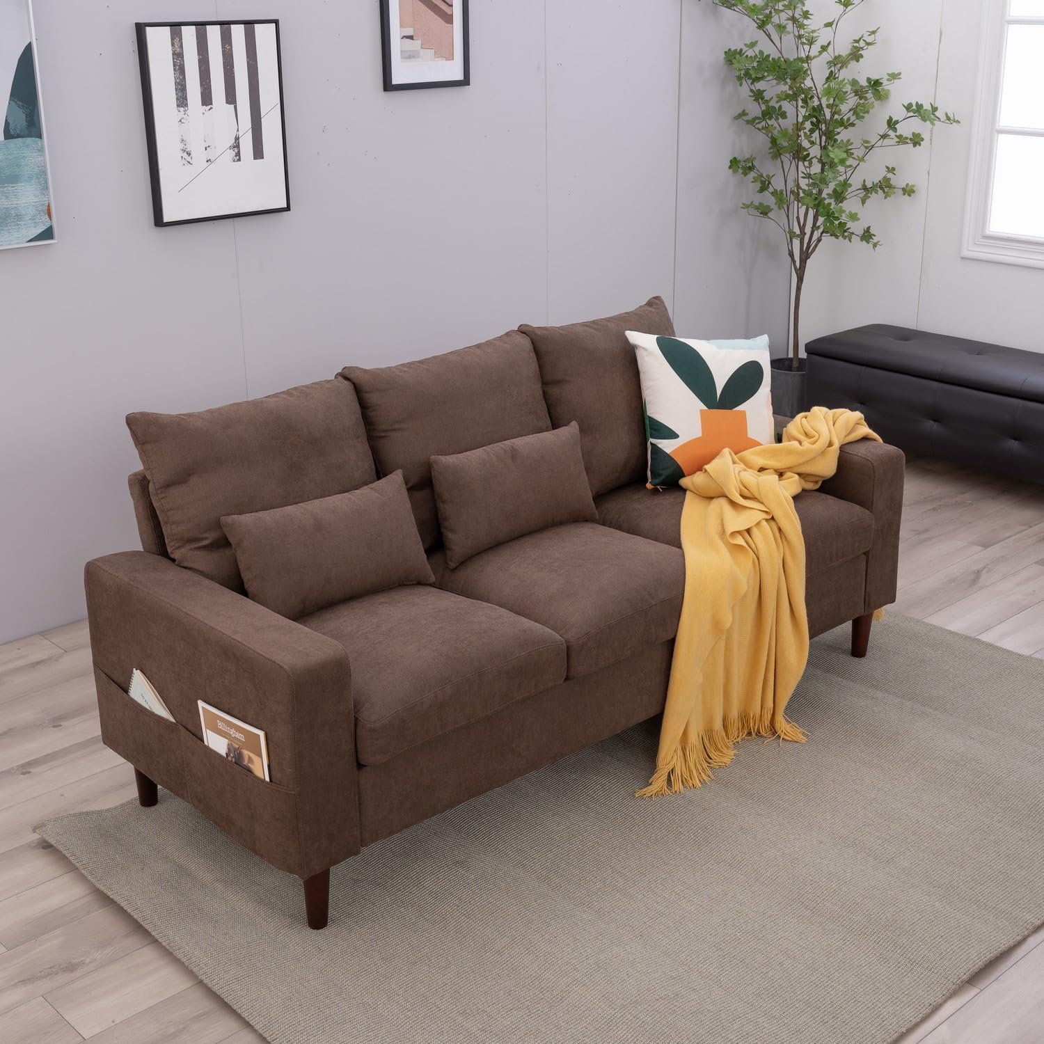 Panana Luckycloud Modern 3-Seater Fabric Sofa - Upholstered Living Room Couch for Small Spaces, Dorm Rooms & Apartments (Brown) | Perfect for Compact Living Areas, Studio Apartments & Cozy Home Decor