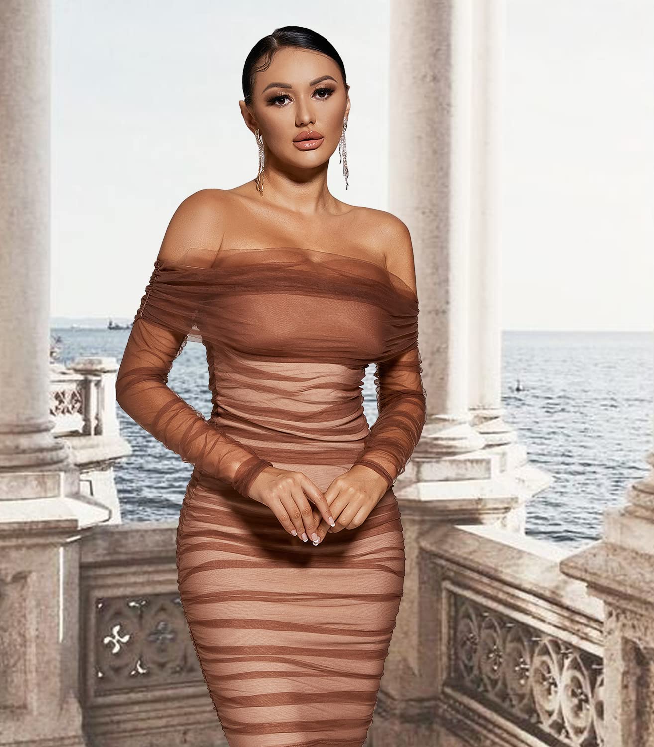 BELLA BARNETT Sexy Ruched Bodycon Dress - Long Sleeve Midi Dress for Wedding Guest, Party, or Date Night | Off Shoulder Formal Dress for Women | Elegant & Classy Outfit for Special Occasions