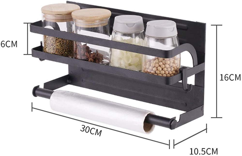 2-Tier Magnetic Fridge Organizer with Spice Rack, Paper Towel Holder & 2 Extra Hooks - Space-Saving Refrigerator Shelf for Kitchen, Pantry & Small Apartment Organization