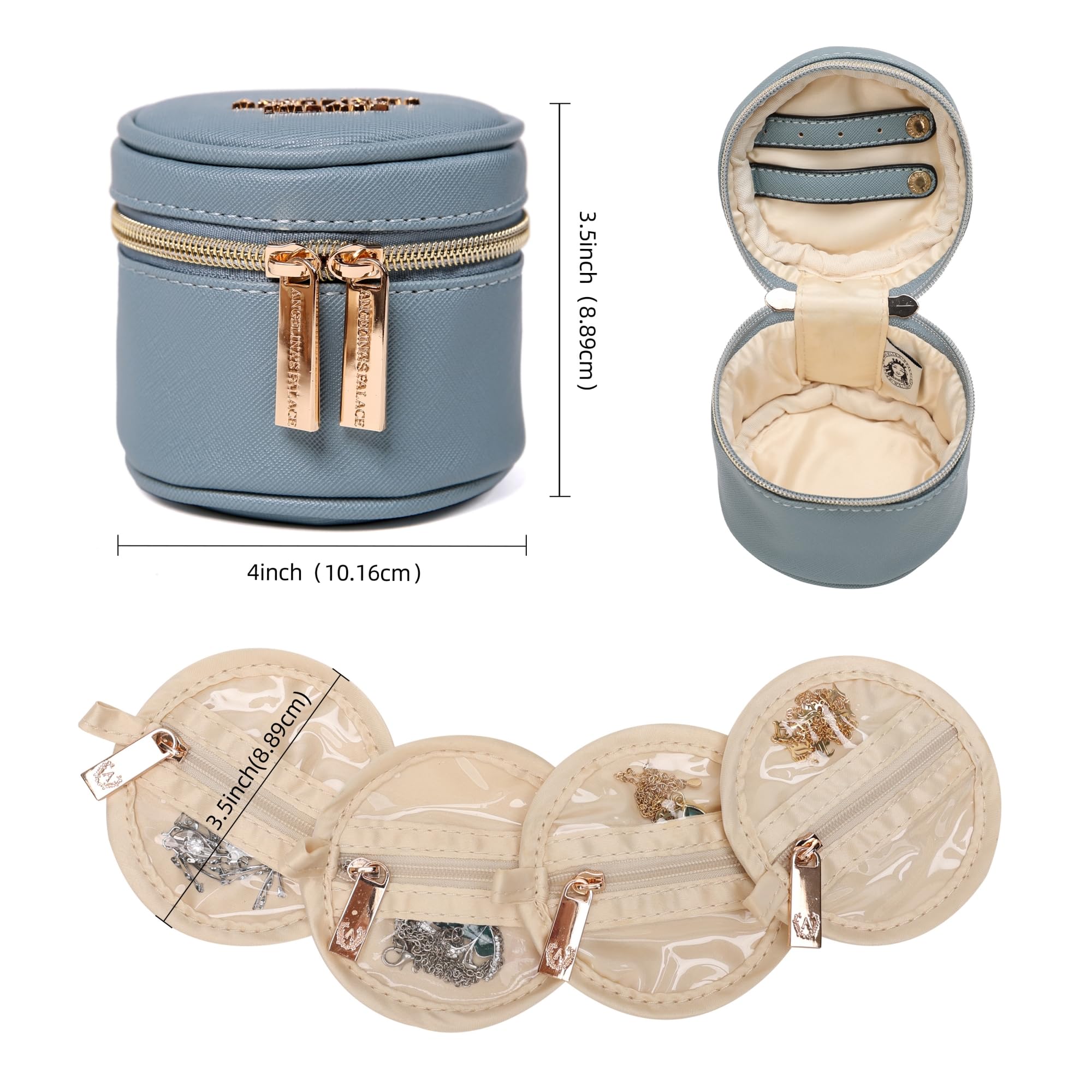 Angelina's Palace Round Jewelry Organizer Case - Vegan Leather Travel Jewelry Box for Necklace, Earrings, Bracelet & Ring Storage - Perfect Bridesmaid Gift & Travel Accessory (Pearl Blue)