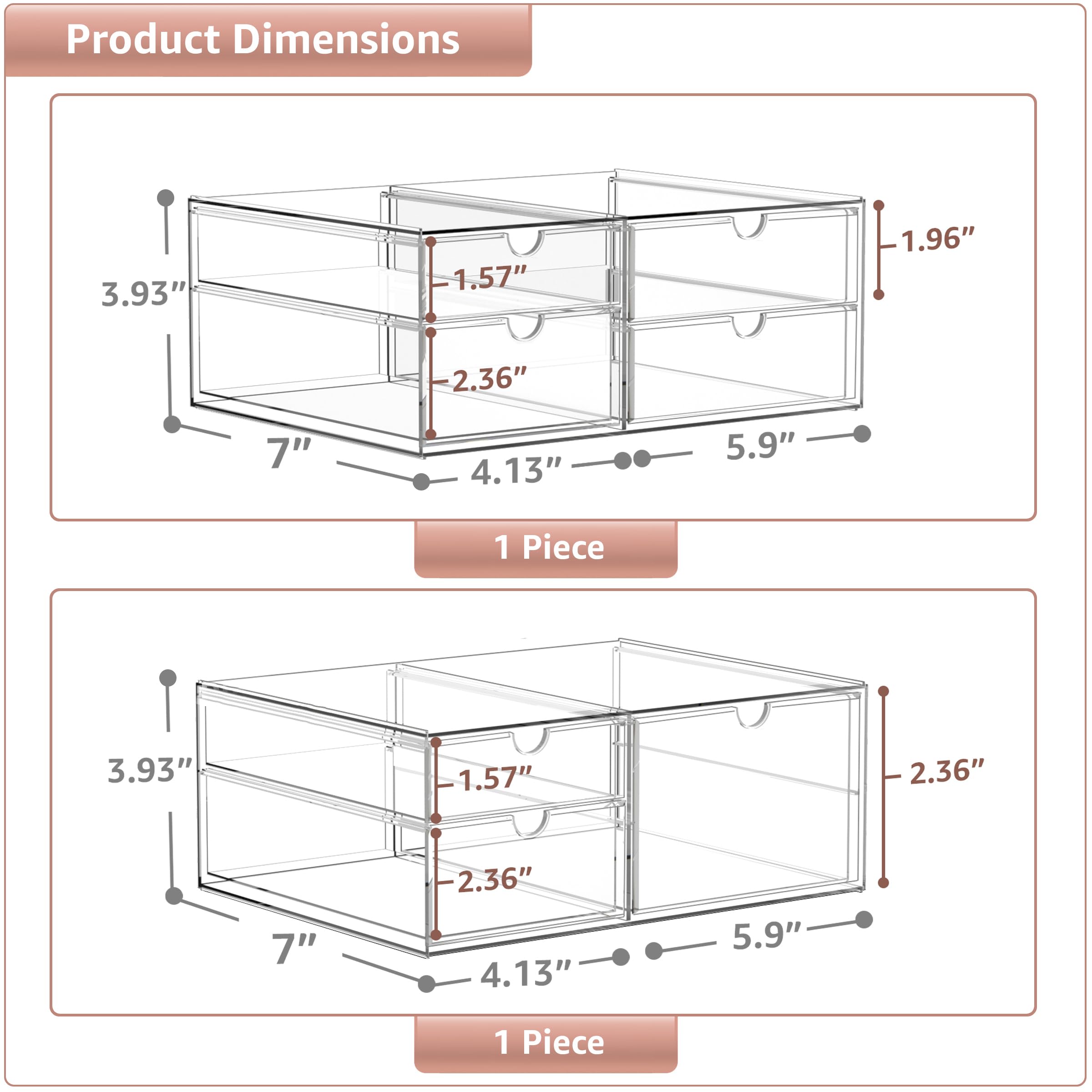 Sorbus 7-Drawer Acrylic Makeup Organizer - Stackable Clear Storage Bins for Cosmetics, Office Supplies, Jewelry & Stationery (2-Piece Set) - Perfect for Vanity, Bathroom & Closet Organization